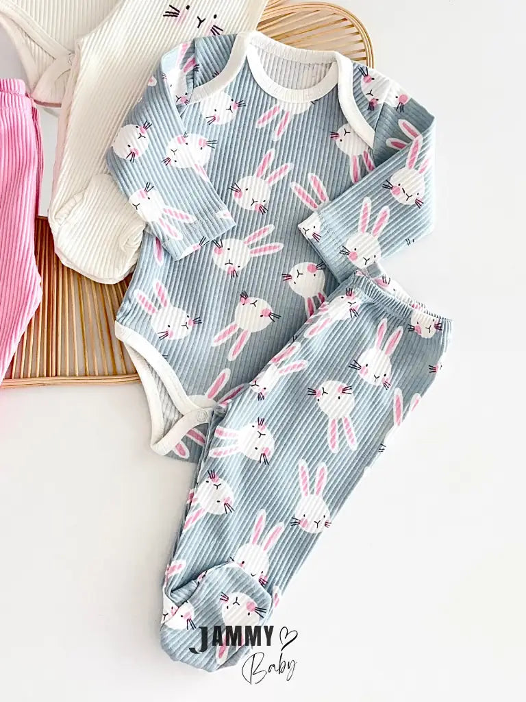 Bunny Print 3 Bodysuits & 3 Pants Set - Pink