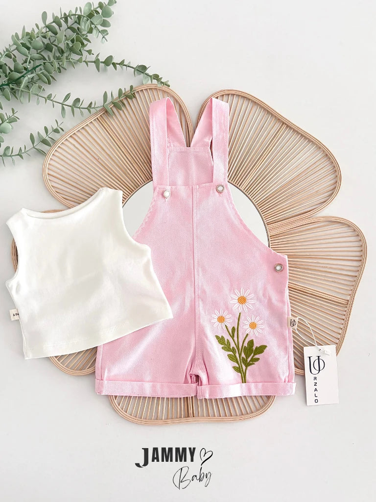 Adelya Daisy Embroidered Denim Overalls & Blouse 2-Piece Set - PINK