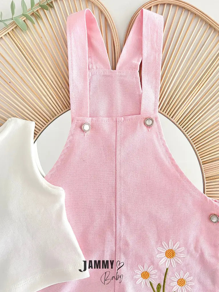 Adelya Daisy Embroidered Denim Overalls & Blouse 2-Piece Set - PINK