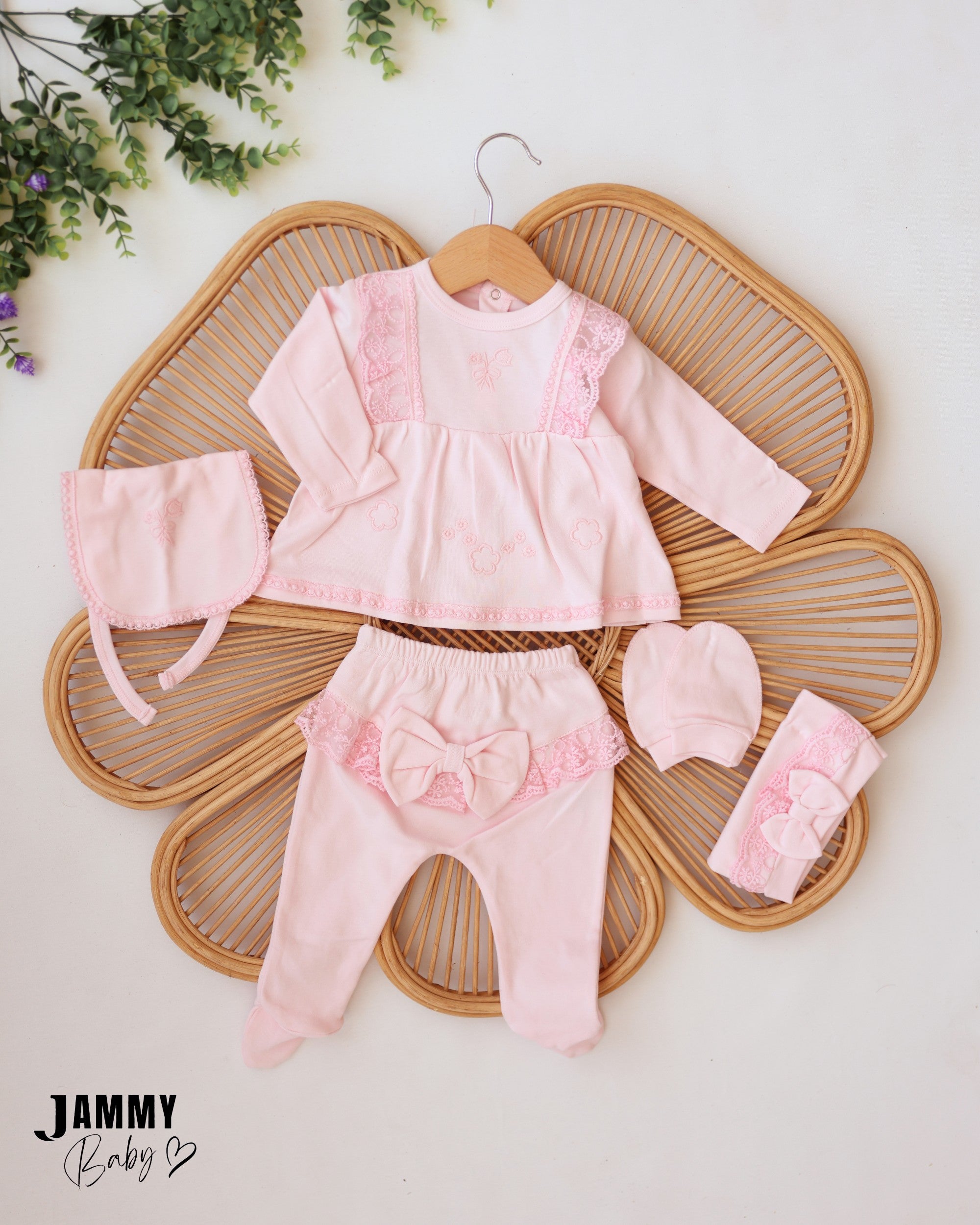 Lace Bow Baby Girl Set - Baby Pink