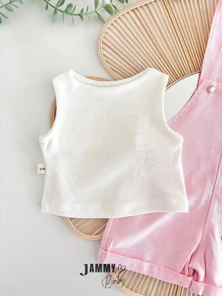 Adelya Daisy Embroidered Denim Overalls & Blouse 2-Piece Set - PINK