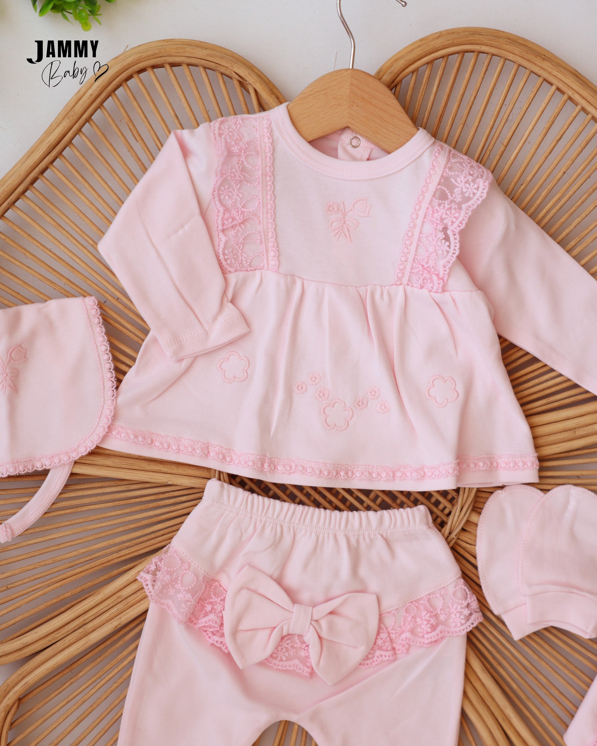 Lace Bow Baby Girl Set - Baby Pink