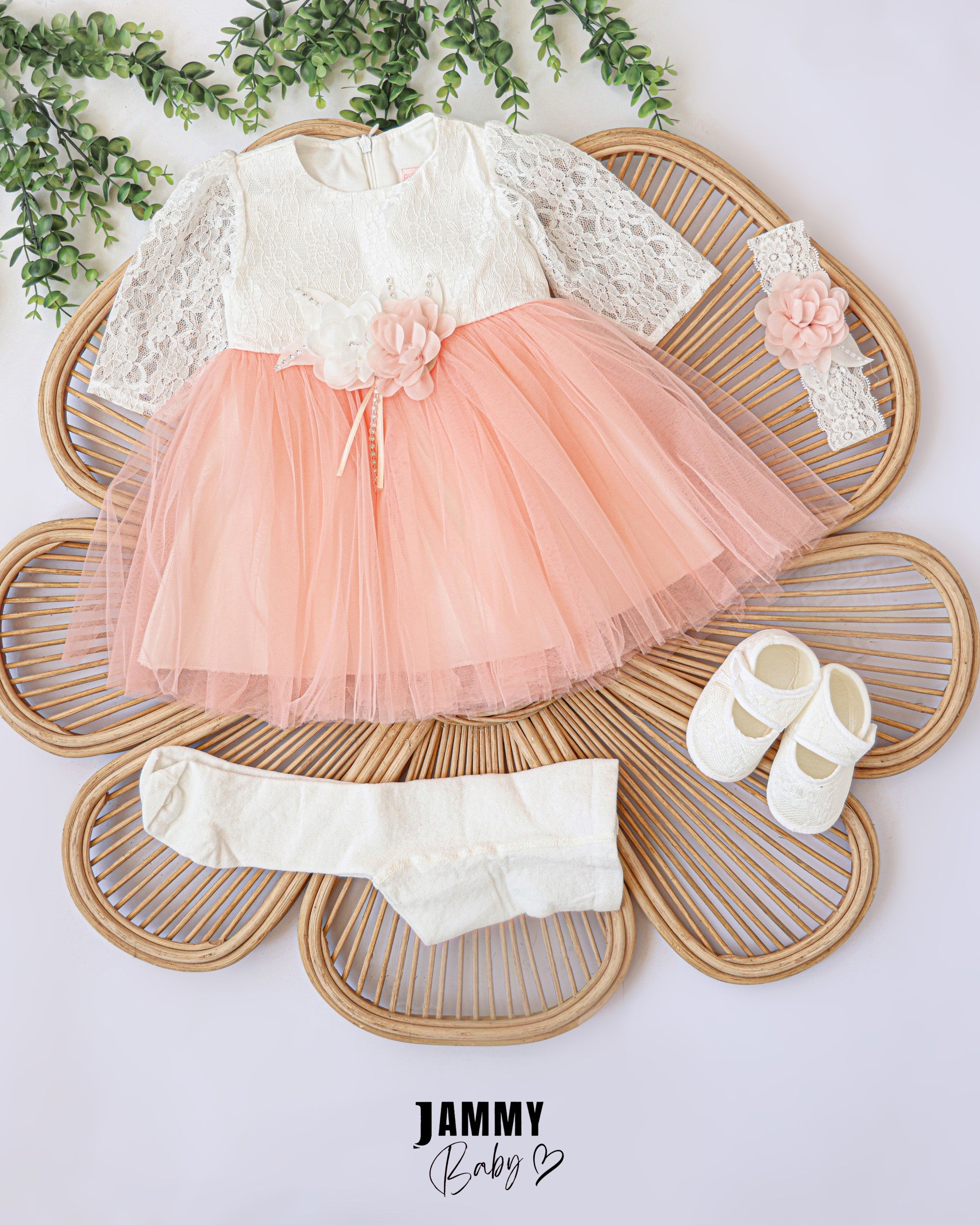 Lace Tulle Baby Dress Set – Peach