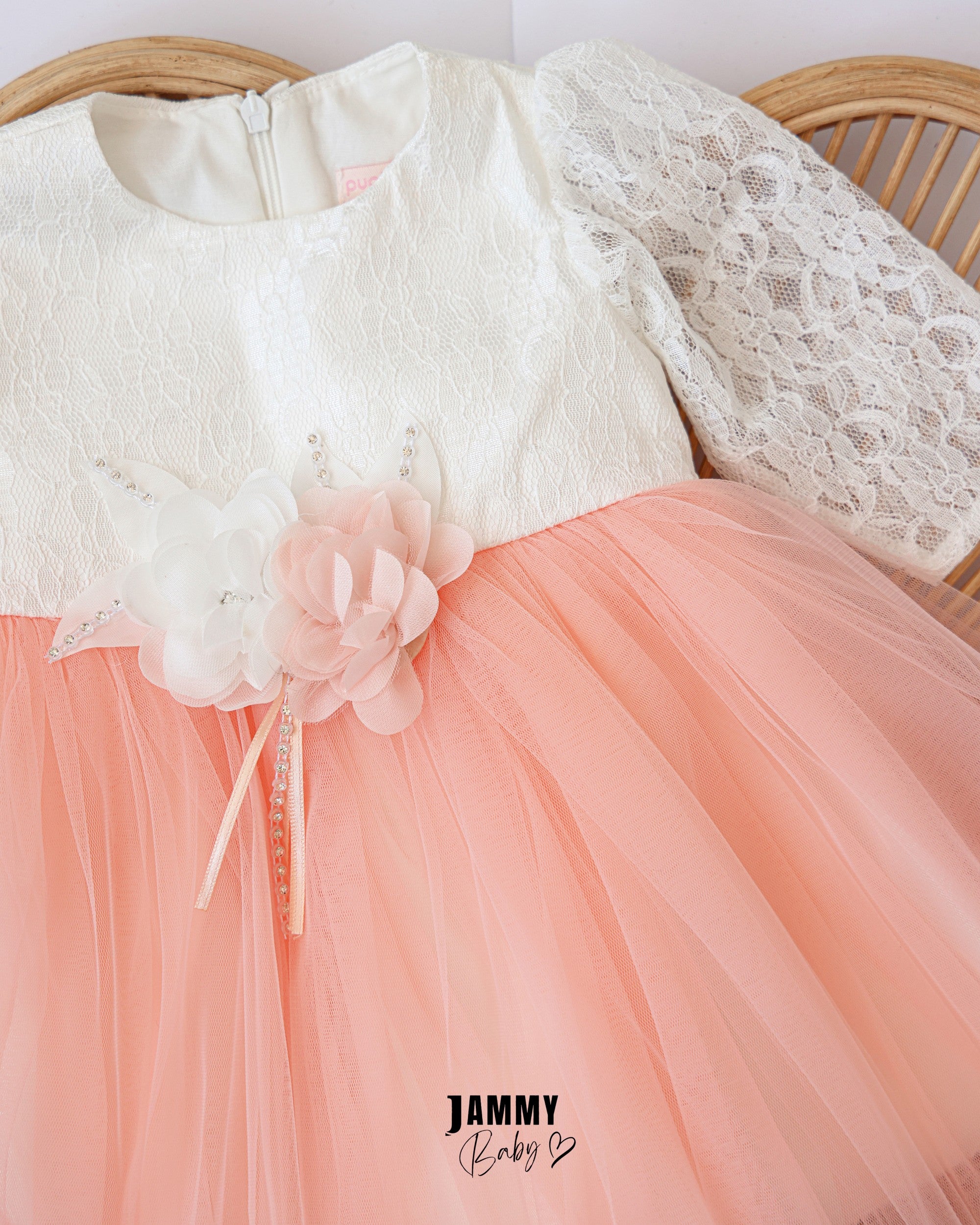 Lace Tulle Baby Dress Set – Peach