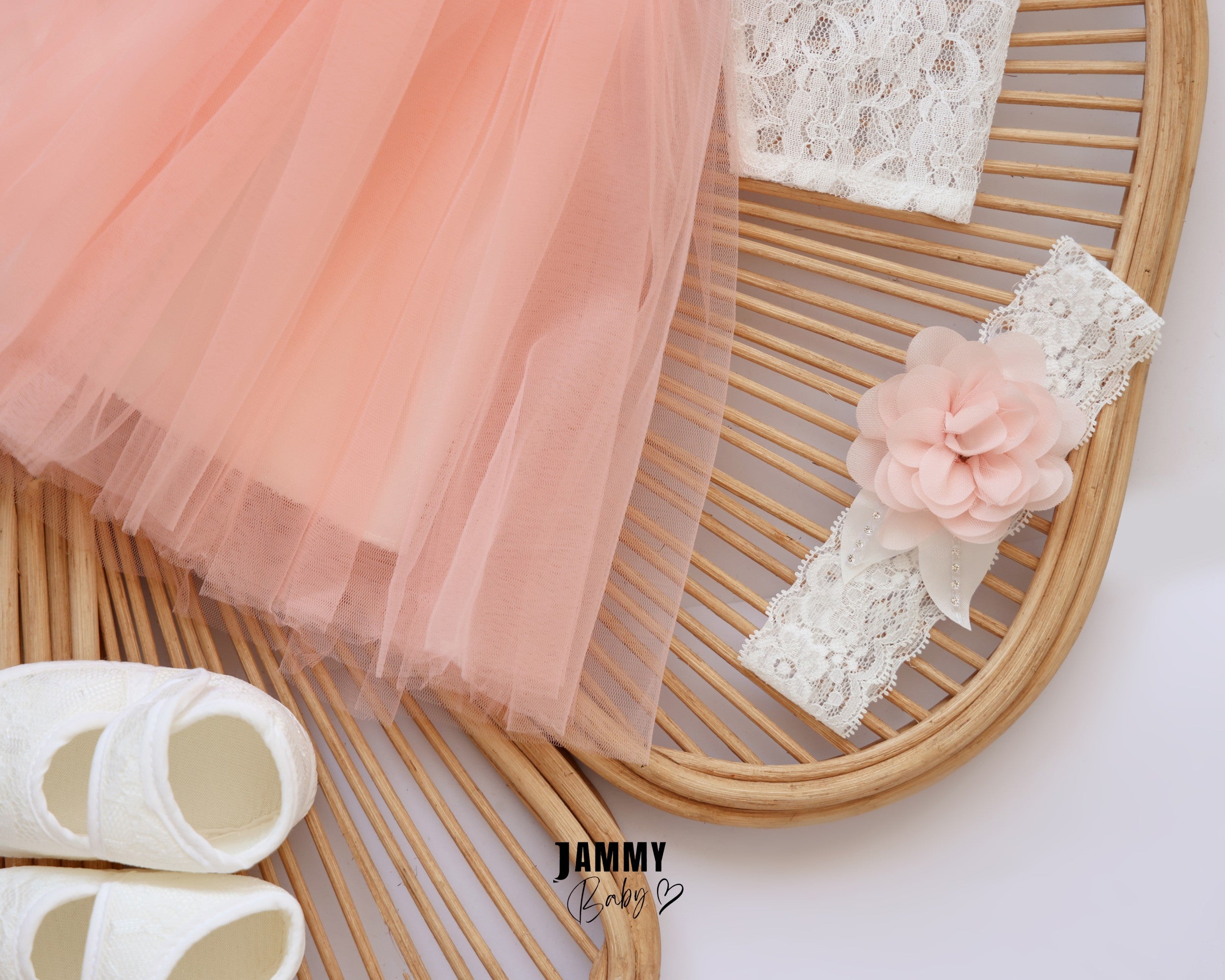 Lace Tulle Baby Dress Set – Peach