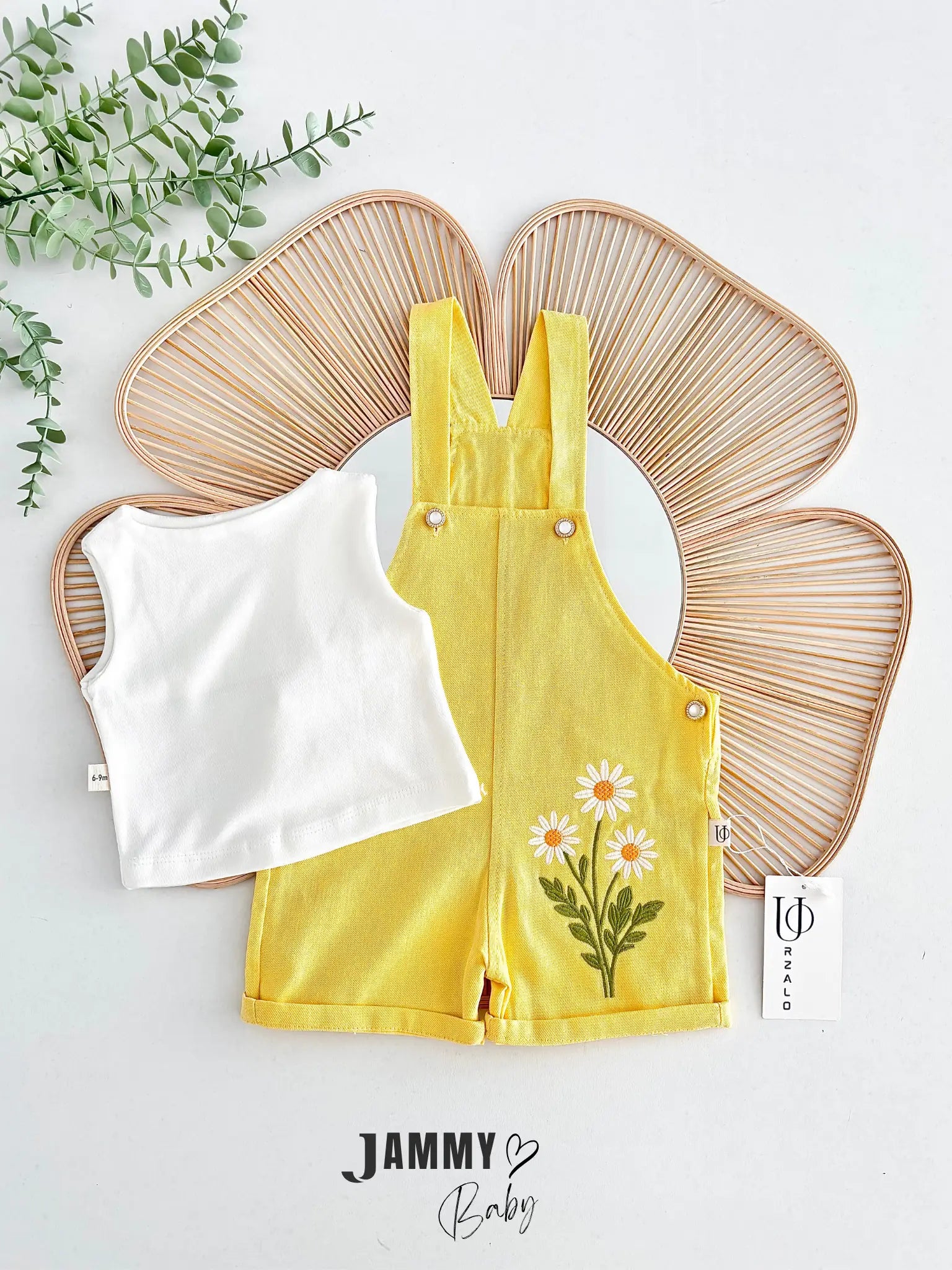 Adelya Daisy Embroidered Denim Overalls & Blouse 2-Piece Set - YELLOW