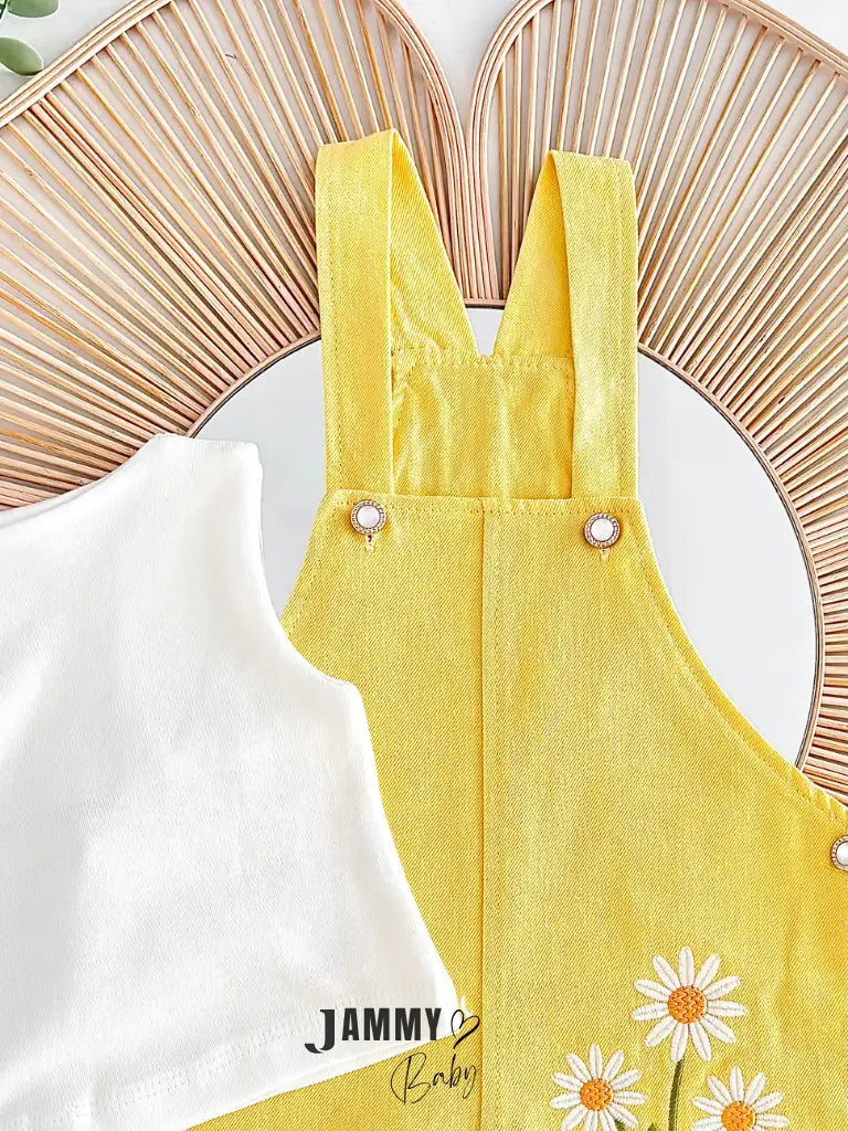 Adelya Daisy Embroidered Denim Overalls & Blouse 2-Piece Set - YELLOW