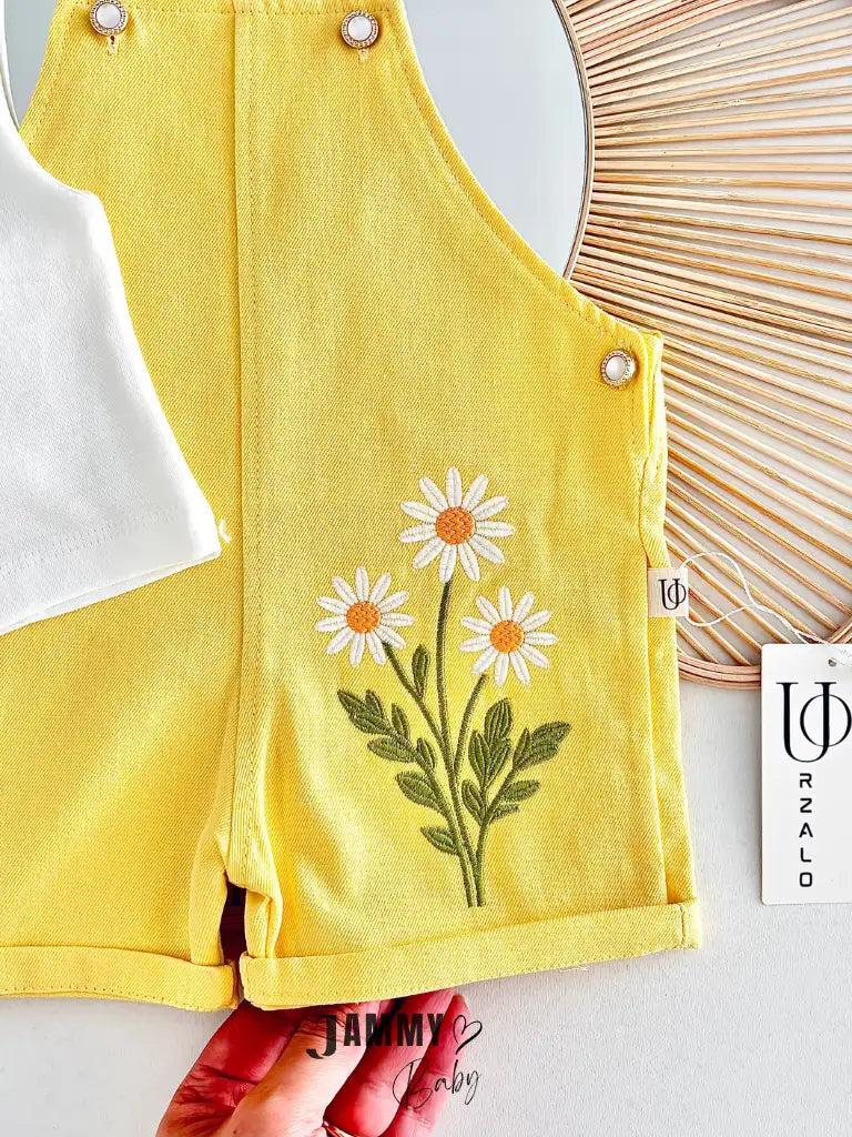 Adelya Daisy Embroidered Denim Overalls & Blouse 2-Piece Set - YELLOW