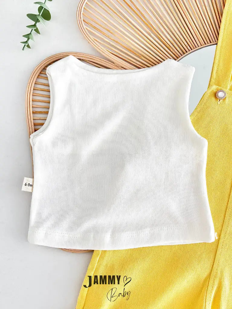 Adelya Daisy Embroidered Denim Overalls & Blouse 2-Piece Set - YELLOW