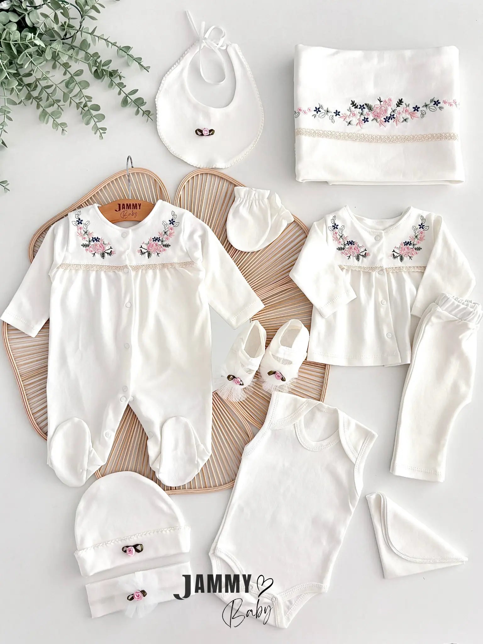 Sequential Flower Embroidered 11-Piece Hospital Discharge Set – Ecru
