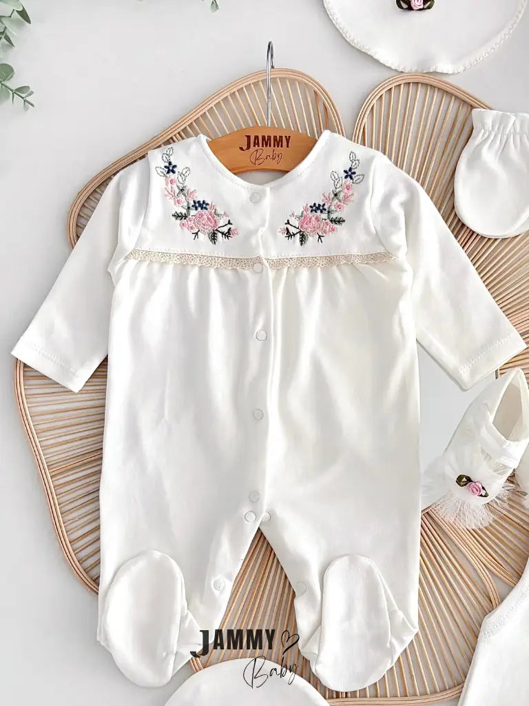 Sequential Flower Embroidered 11-Piece Hospital Discharge Set – Ecru
