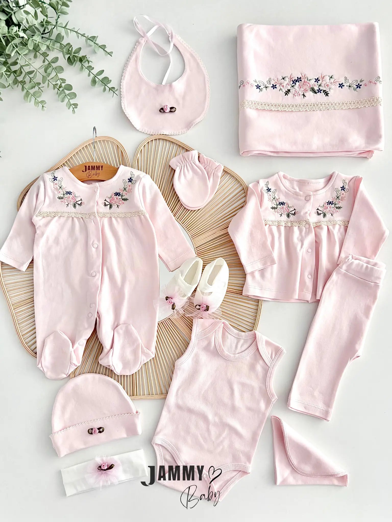 Sequential Flower Embroidered 11-Piece Hospital Discharge Set – Pink