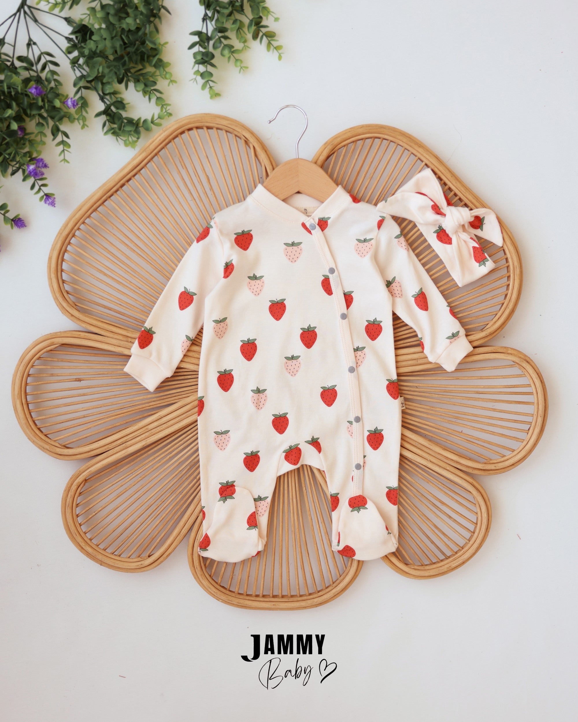 Strawberry Footed Jumpsuit & Headband Set - Ivory