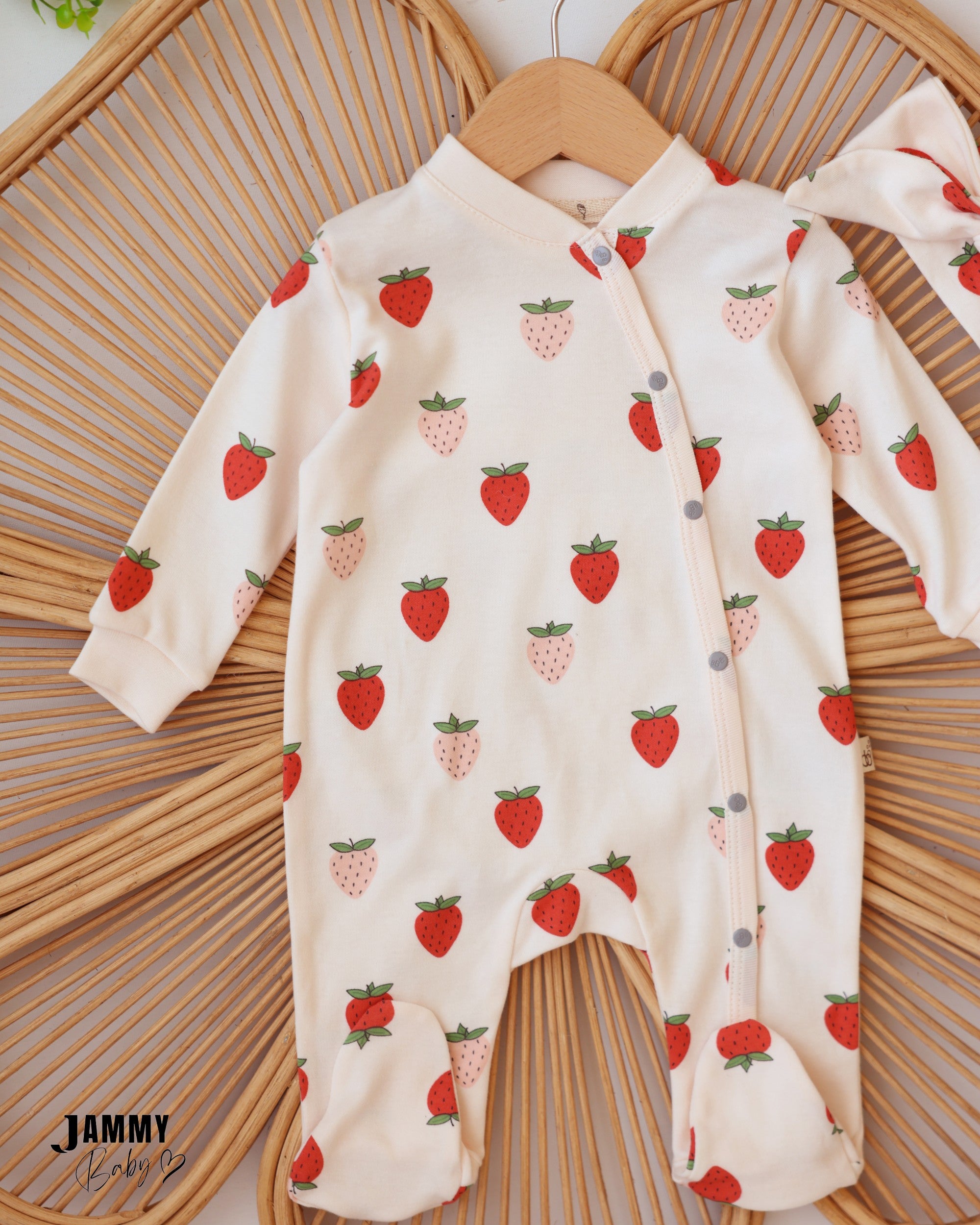 Strawberry Footed Jumpsuit & Headband Set - Ivory