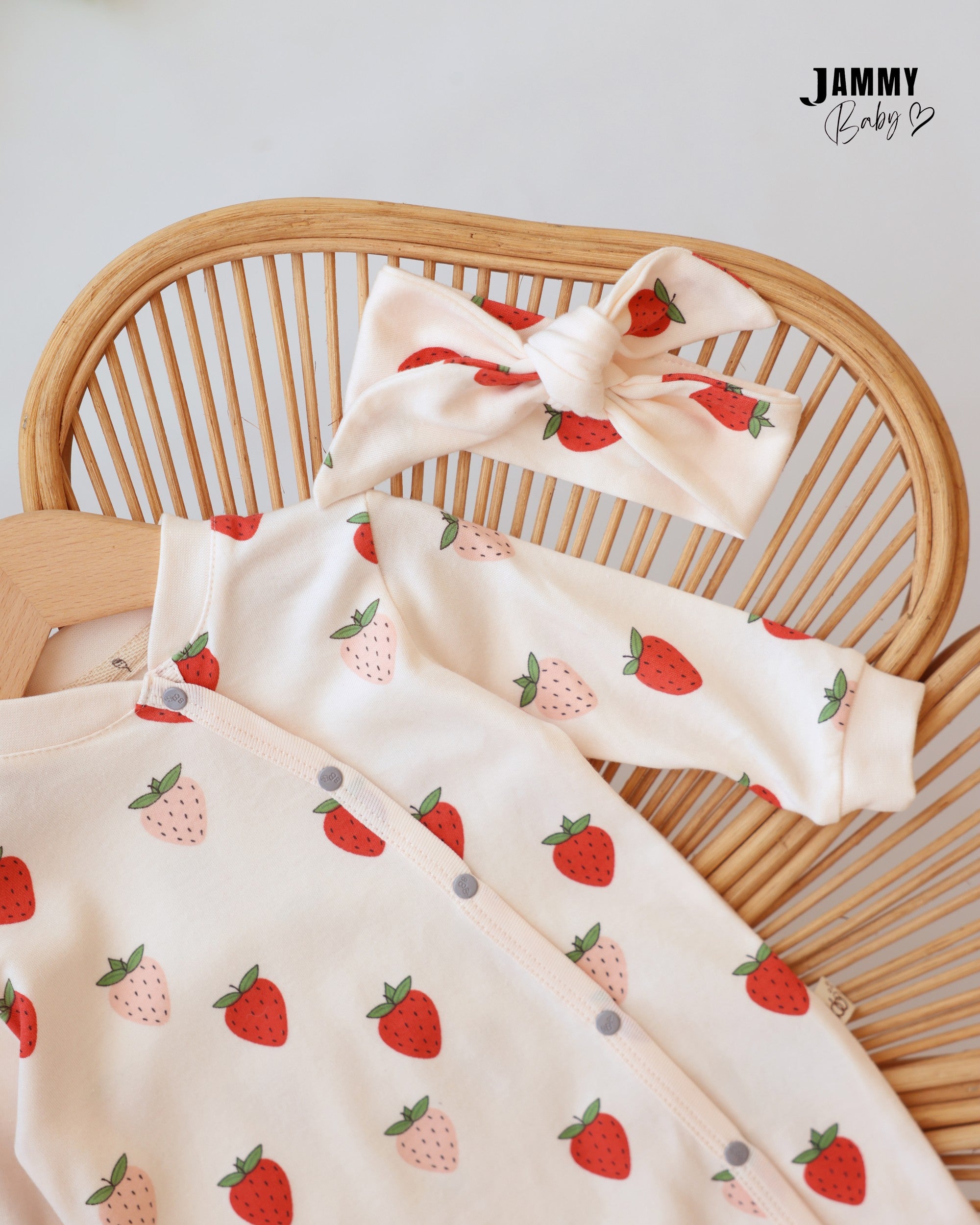 Strawberry Footed Jumpsuit & Headband Set - Ivory