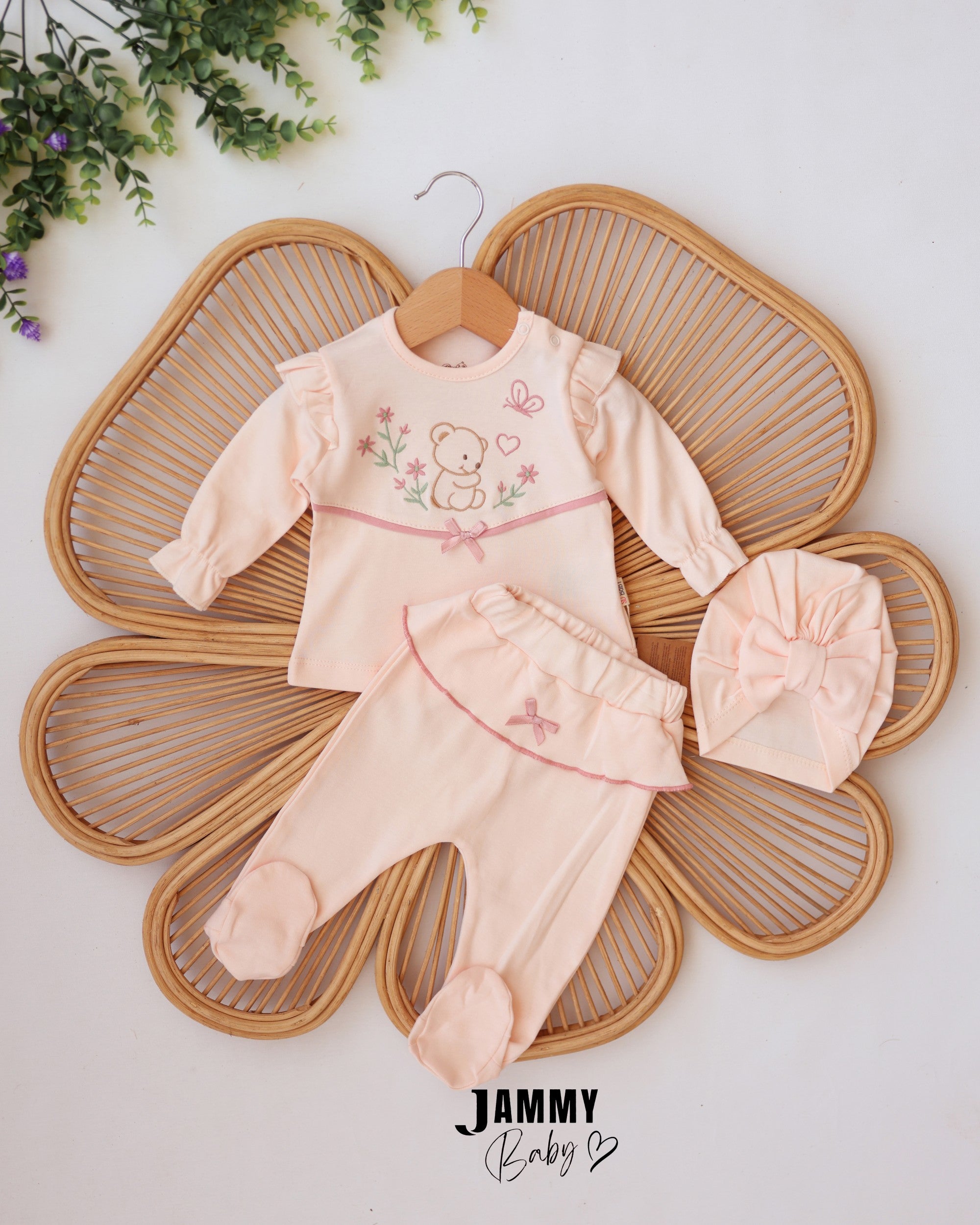 Bear & Floral 3-Piece Baby Girl Set - Salmon