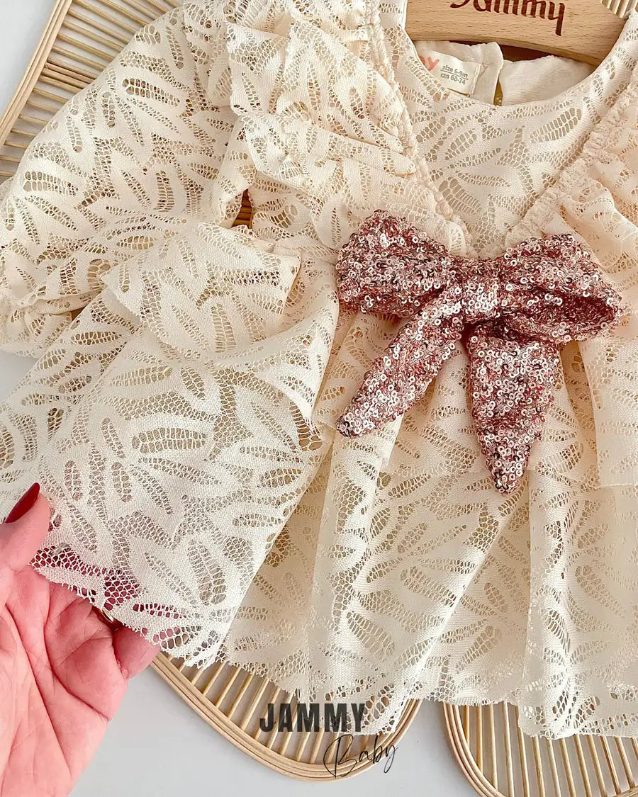 Lola Lace Sequin Bow Special Occasion Dress – CREAM