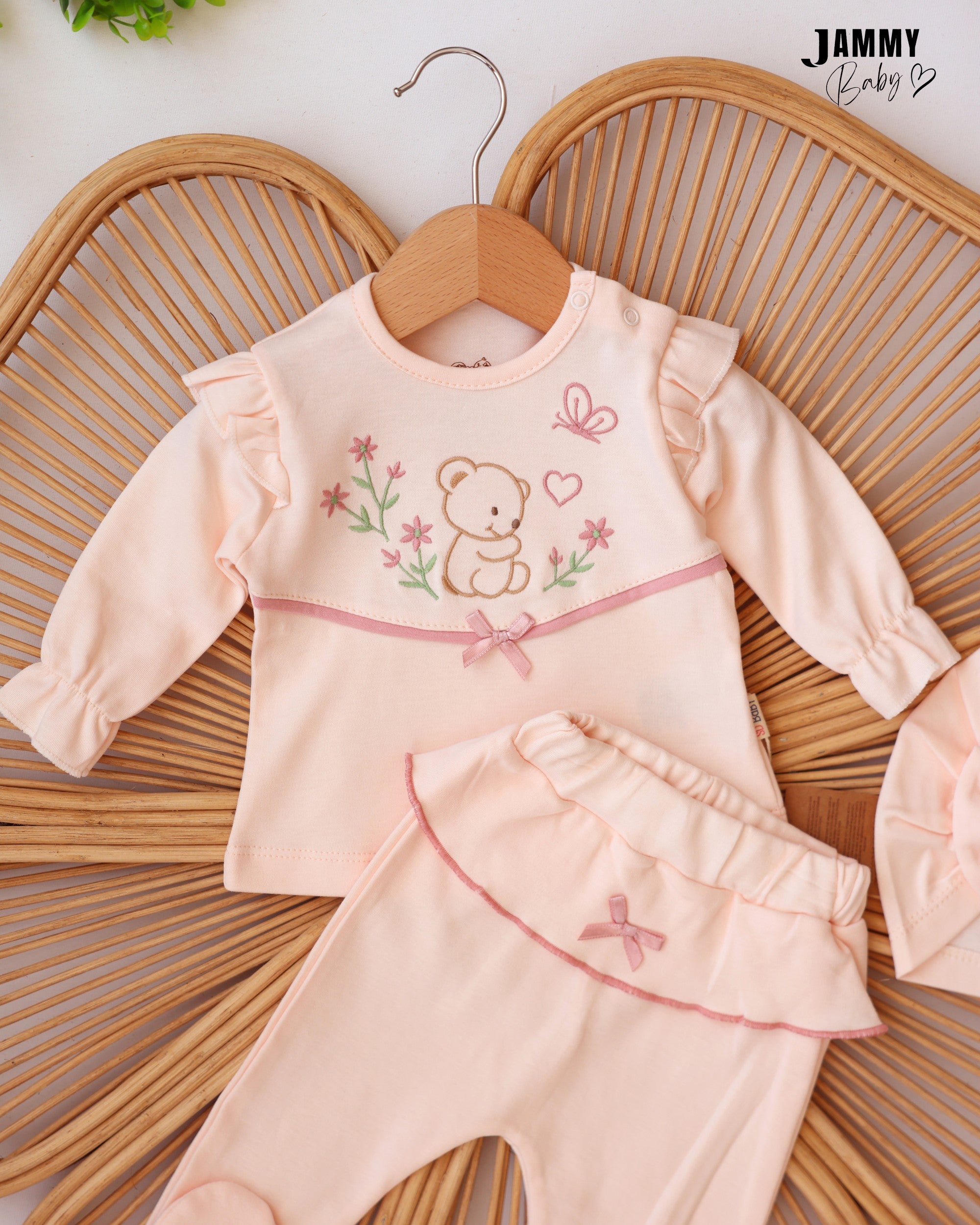 Bear & Floral 3-Piece Baby Girl Set - Salmon