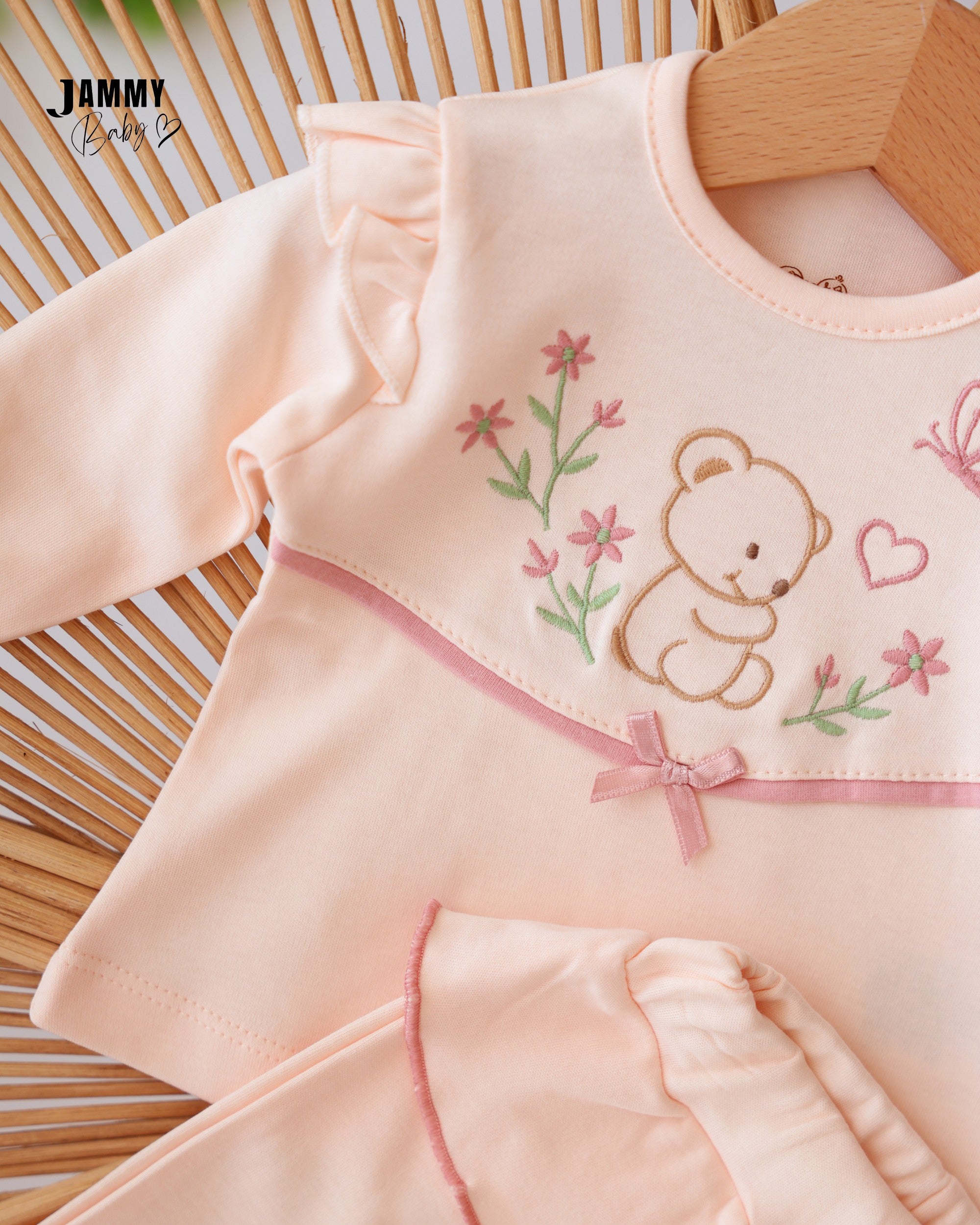 Bear & Floral 3-Piece Baby Girl Set - Salmon