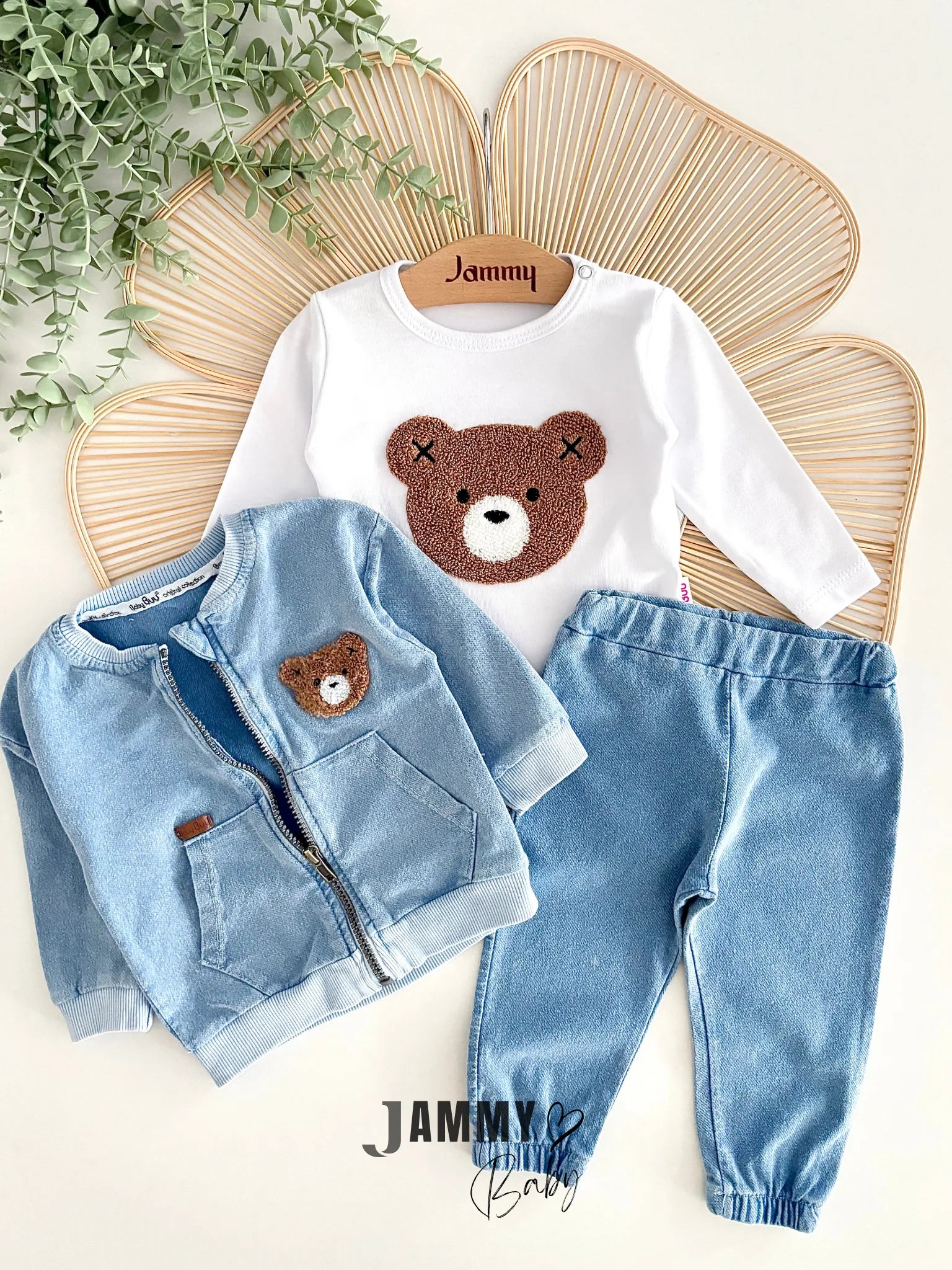 Bear Punch Embroidered 3-Piece Denim Set – BLUE