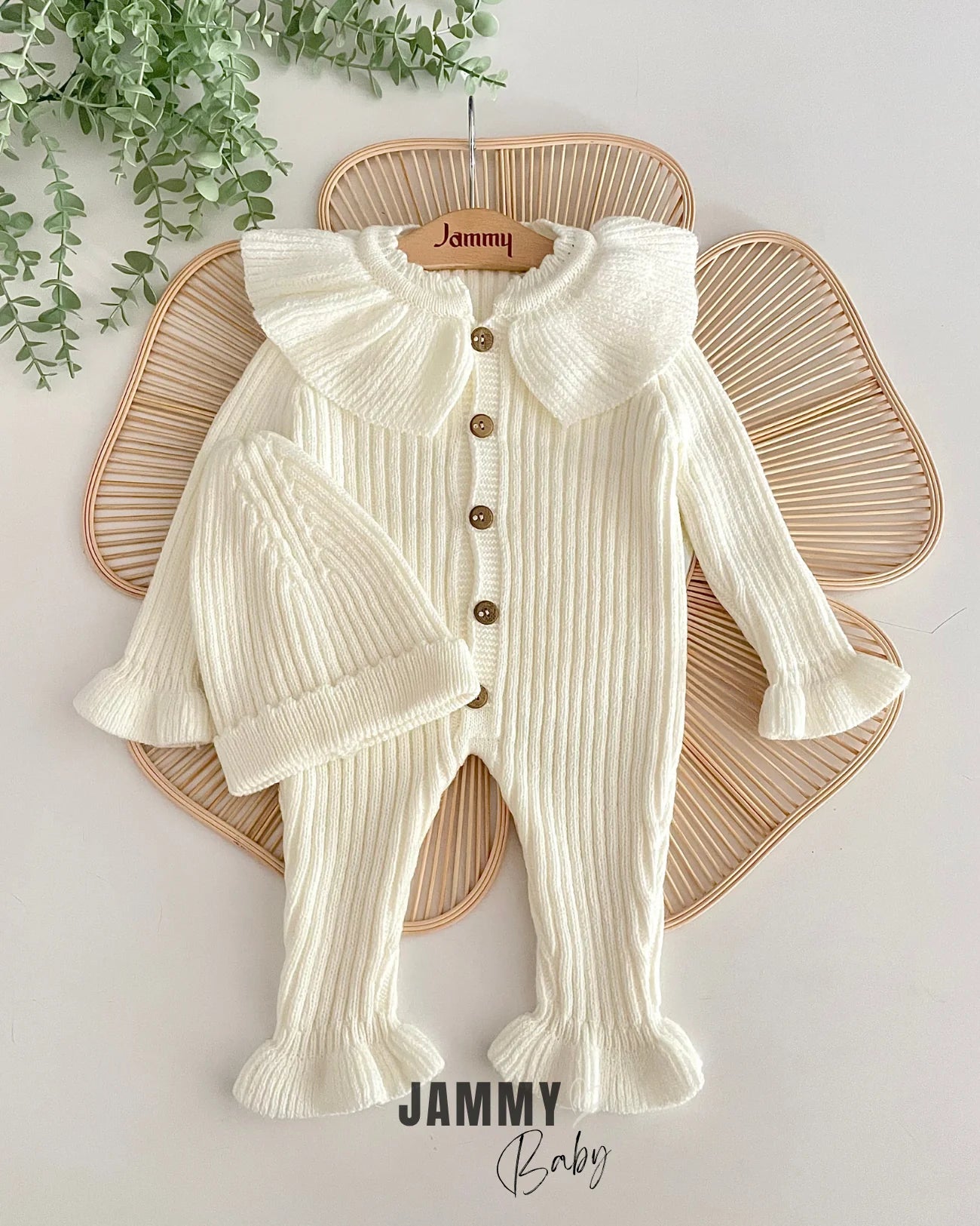 Maya Frilled Hat and Knit Overalls Set-CREAM