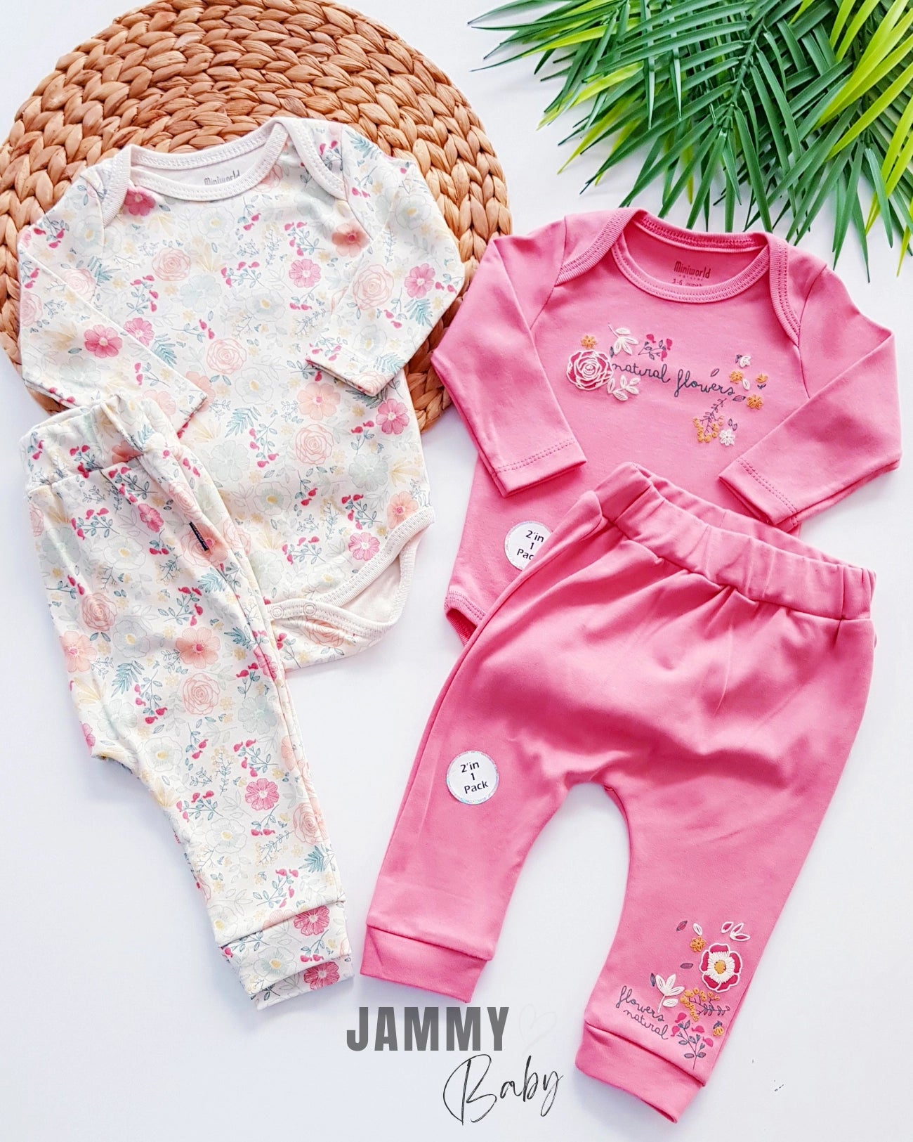 Natural Flowers 2 Bodysuit & 2 Pants Set