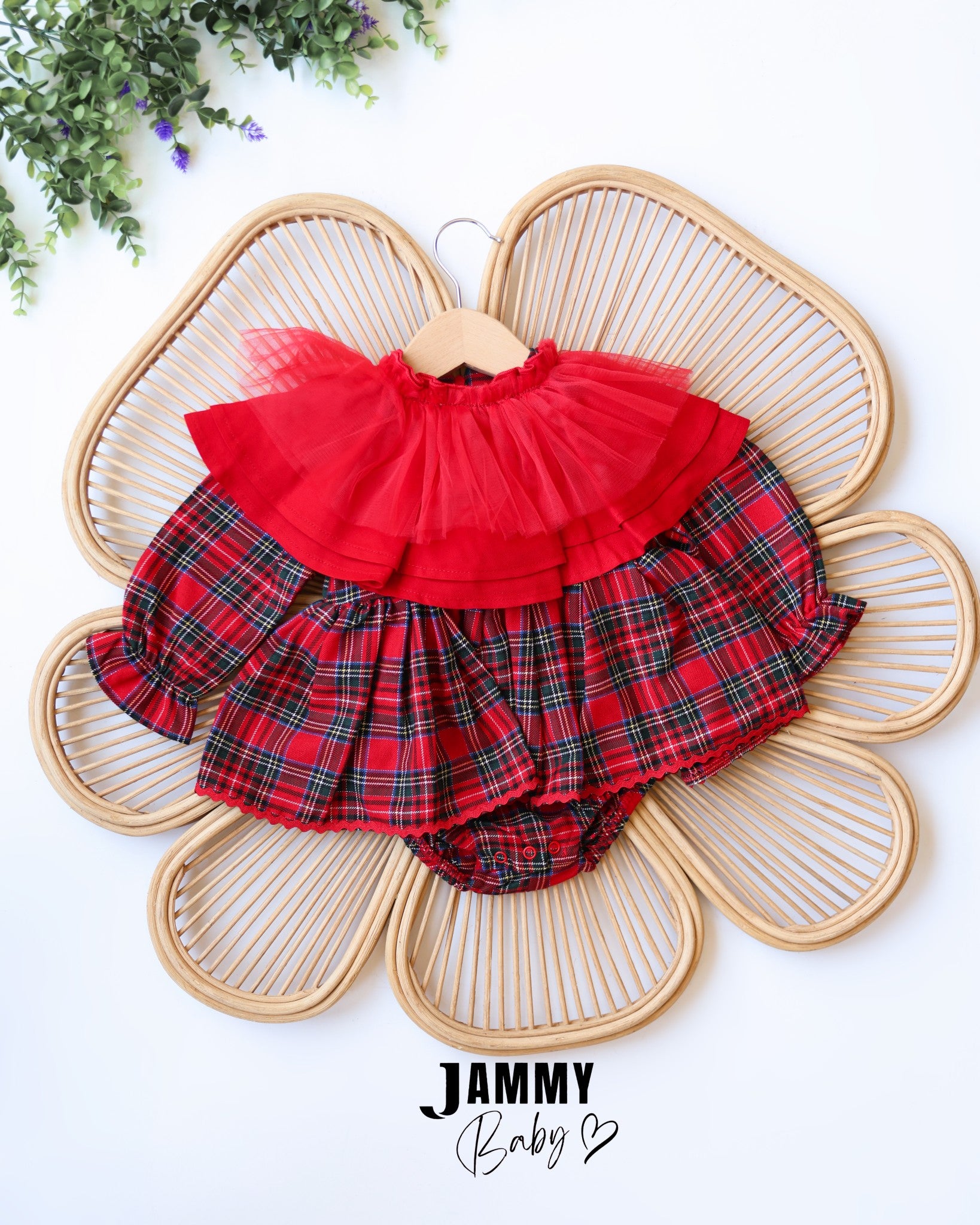 Christmas Ruffle Collar Tartan Romper Set – Red