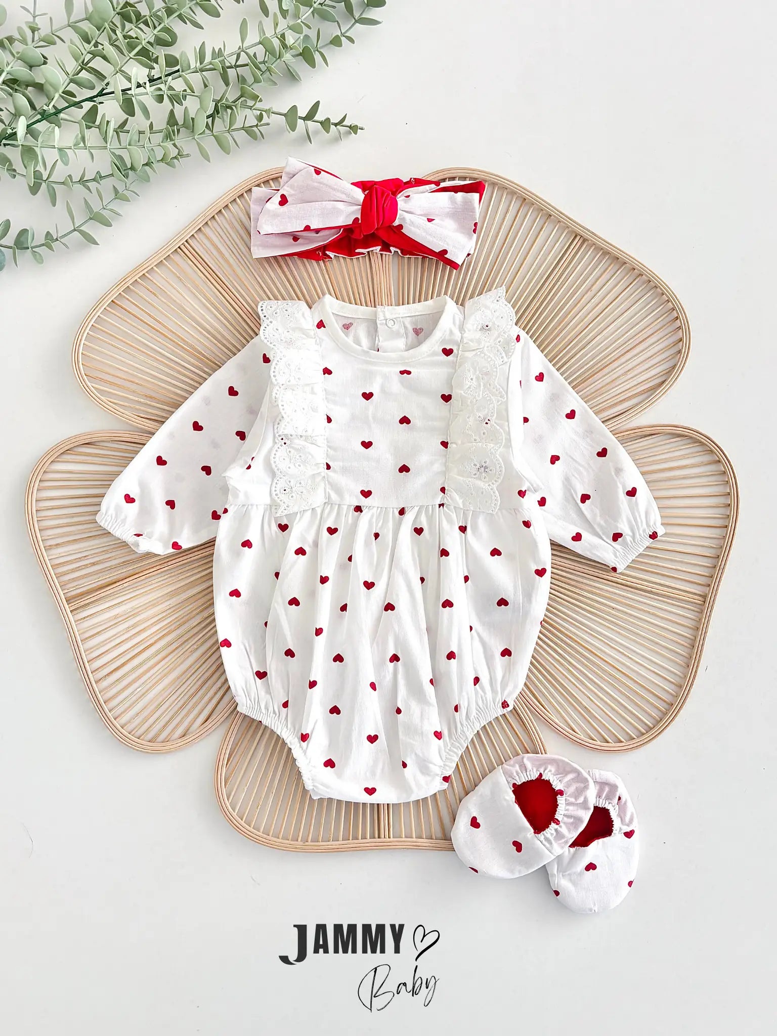 Liliya Heart Patterned Footed Bandana Poplin Romper Set - Ecru