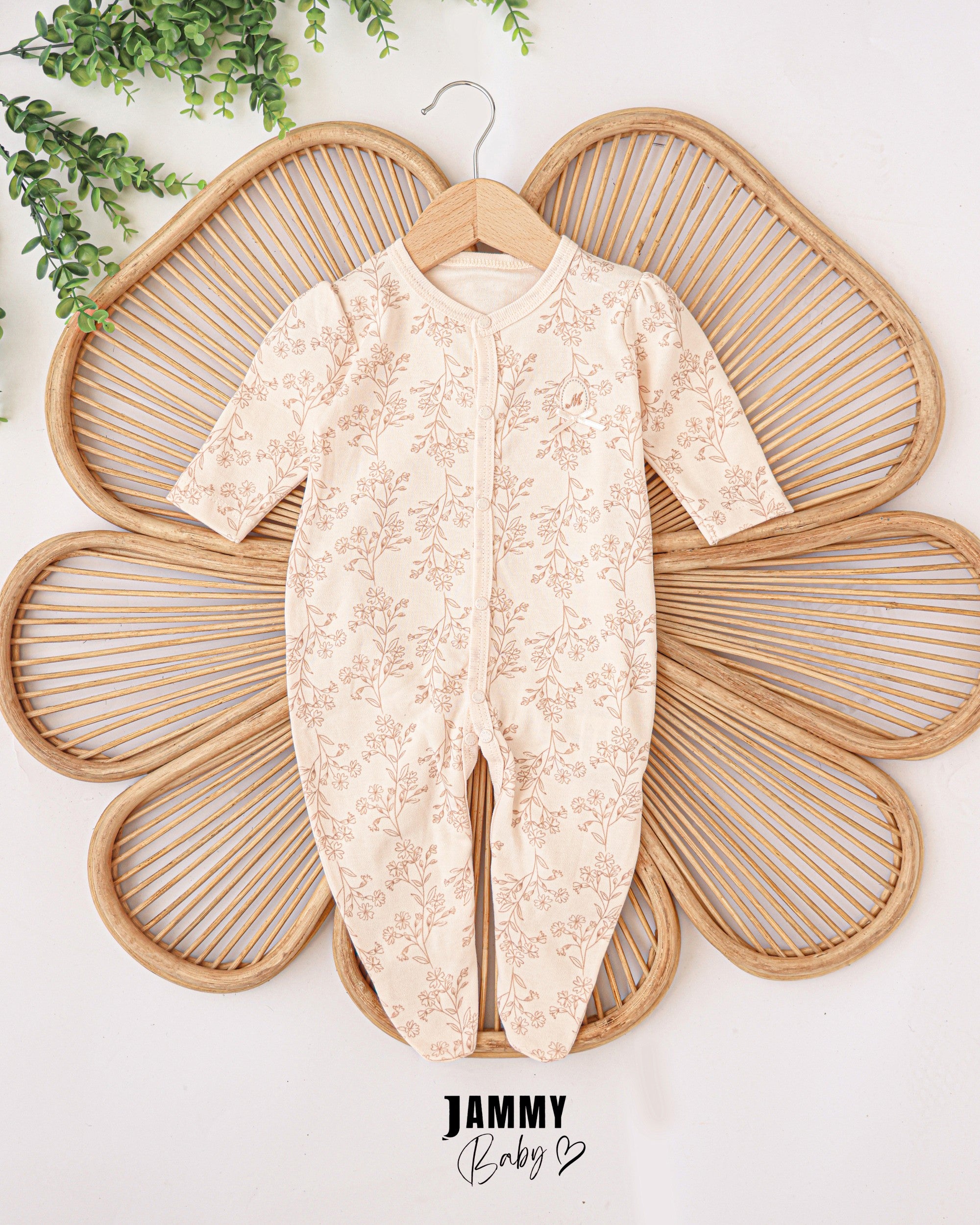 Minimal Floral Footed Baby Romper – Cream