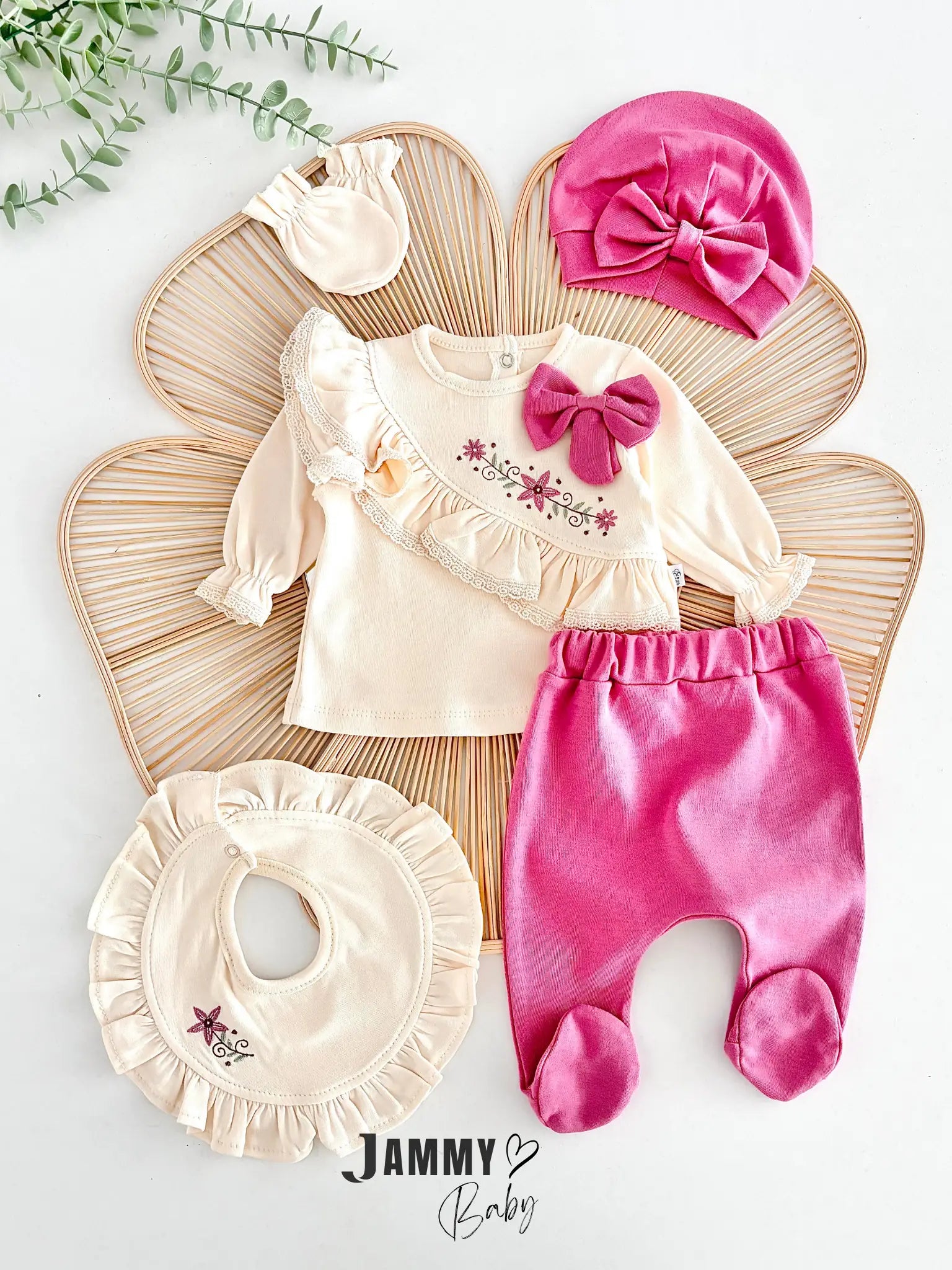 Sofia Floral Embroidered Ruffle Detail 5-Piece Newborn Set - ROSE PINK