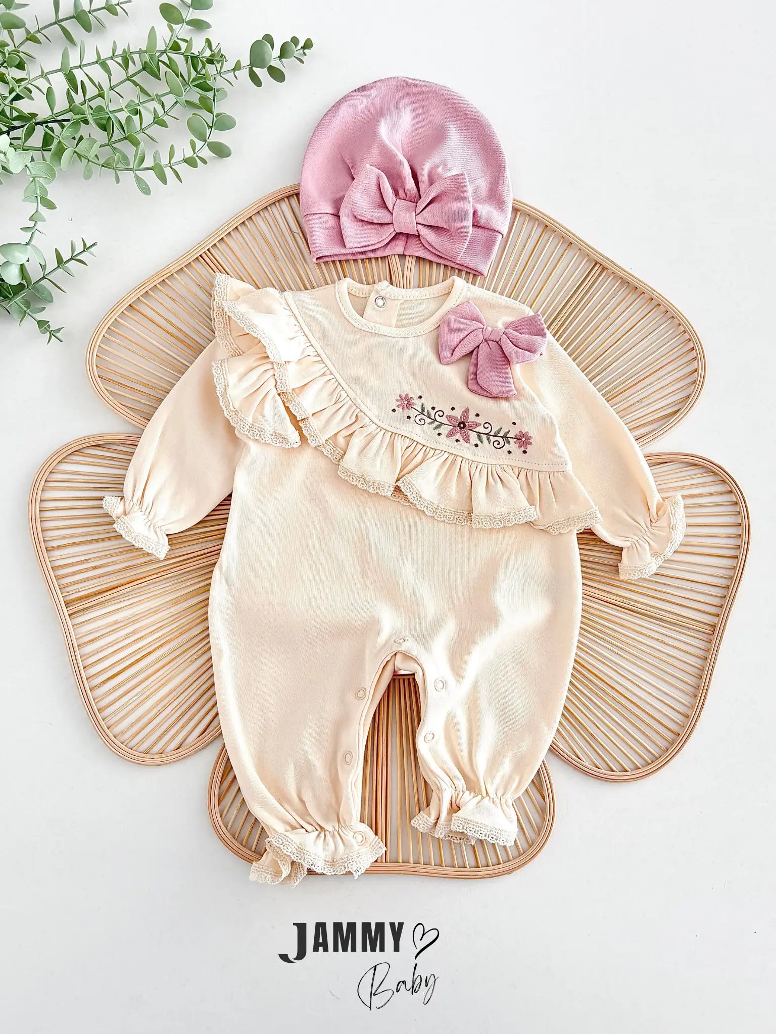 Sofia Floral Embroidered Ruffled Jumpsuit and Bow Hat Set of 2 - SOFT LILA