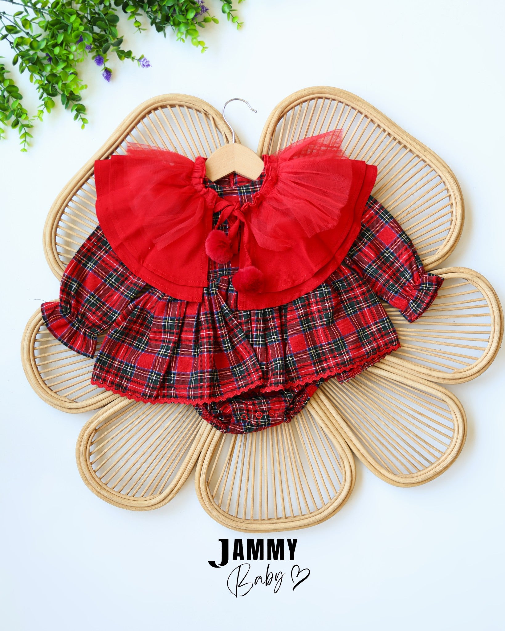 Christmas Ruffle Collar Tartan Romper Set – Red
