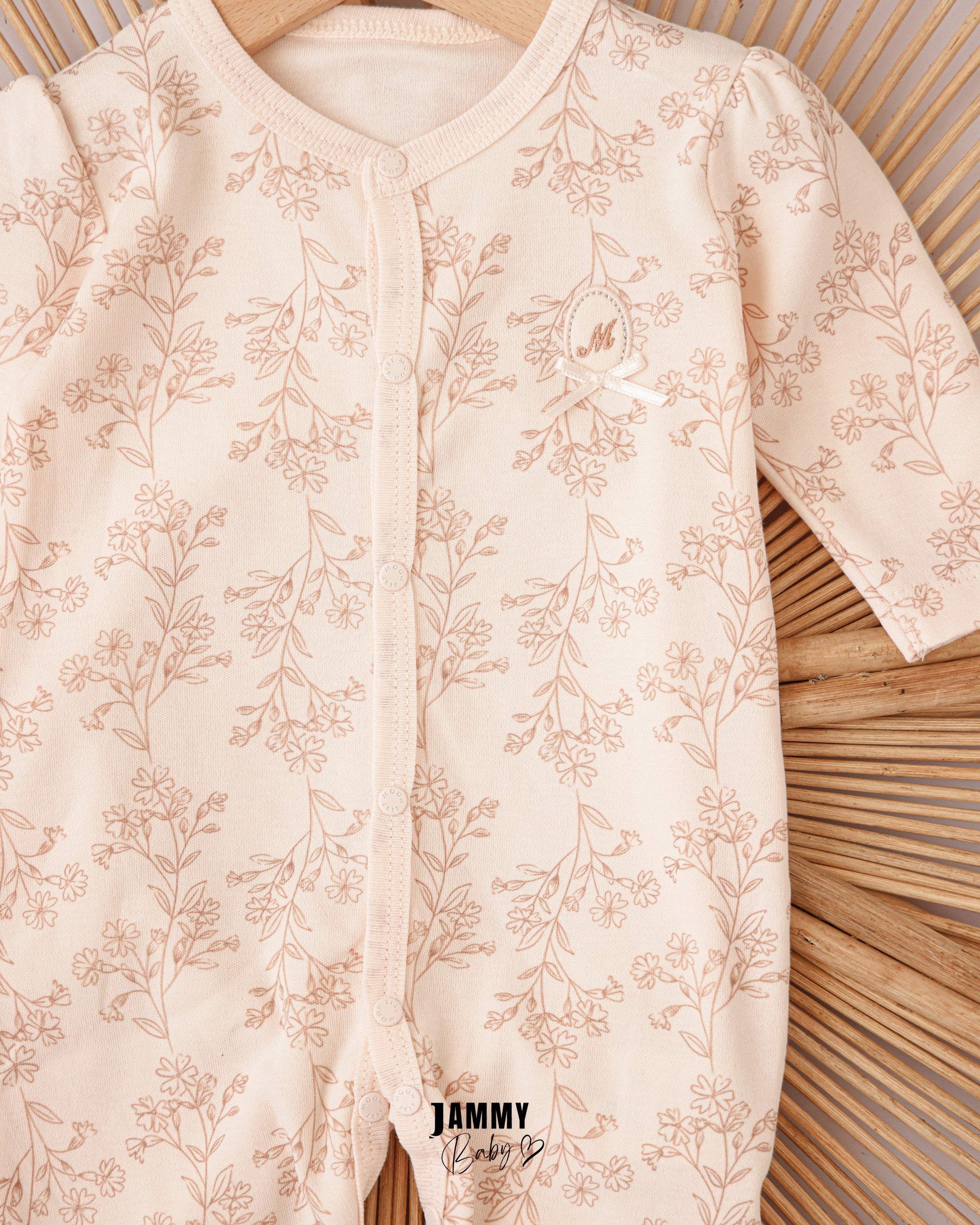 Minimal Floral Footed Baby Romper – Cream