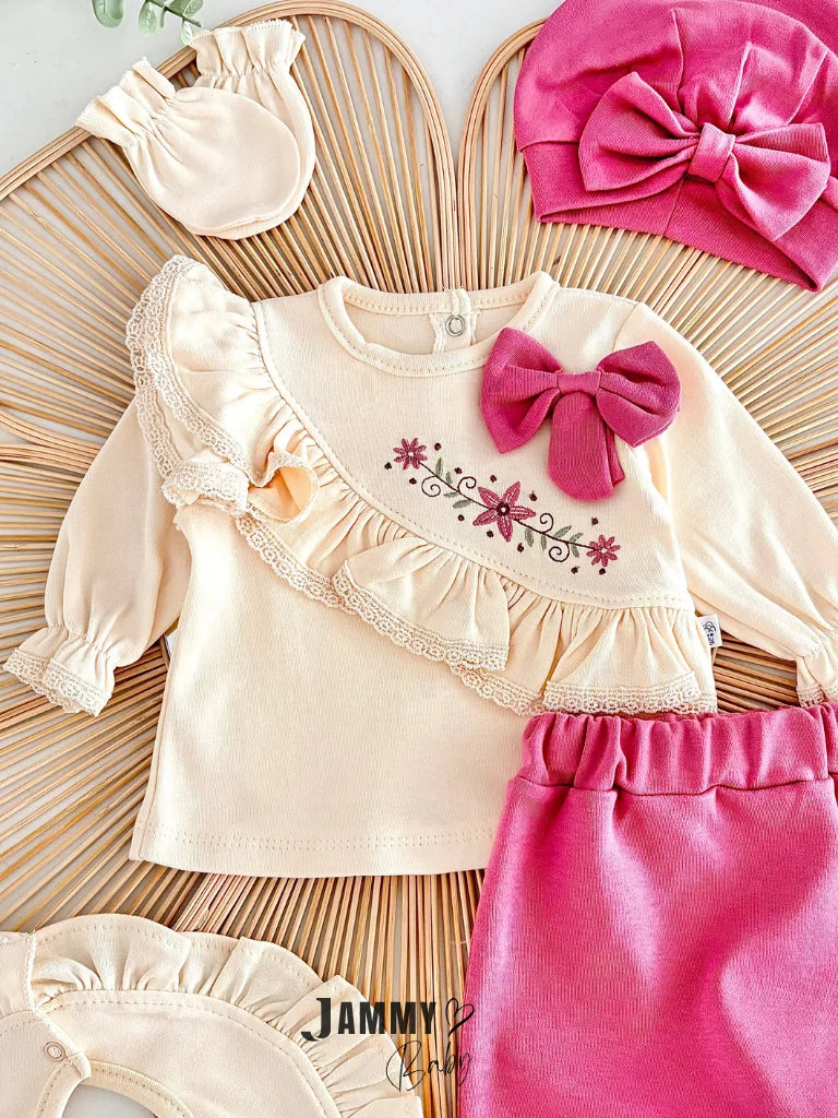 Sofia Floral Embroidered Ruffle Detail 5-Piece Newborn Set - ROSE PINK