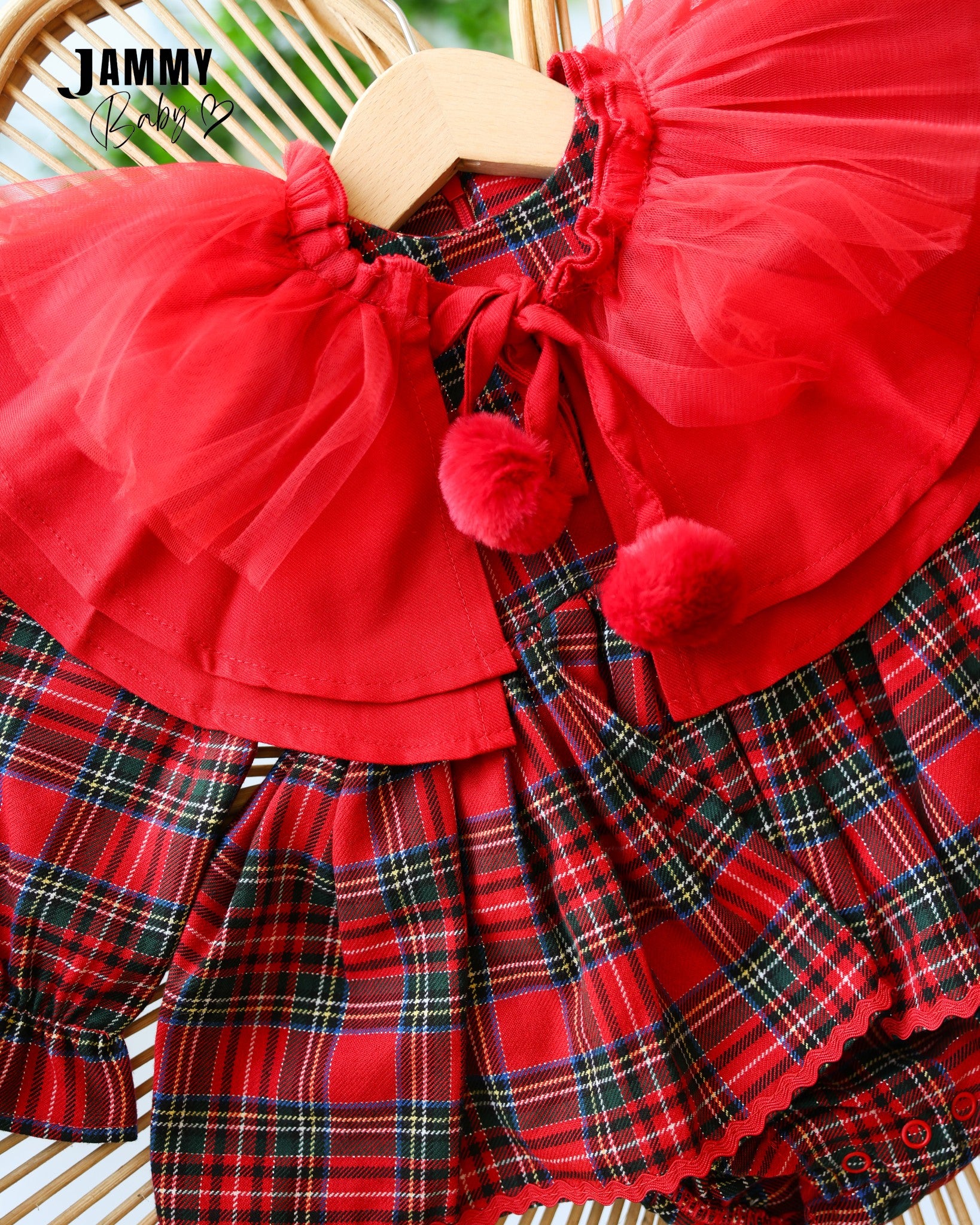 Christmas Ruffle Collar Tartan Romper Set – Red