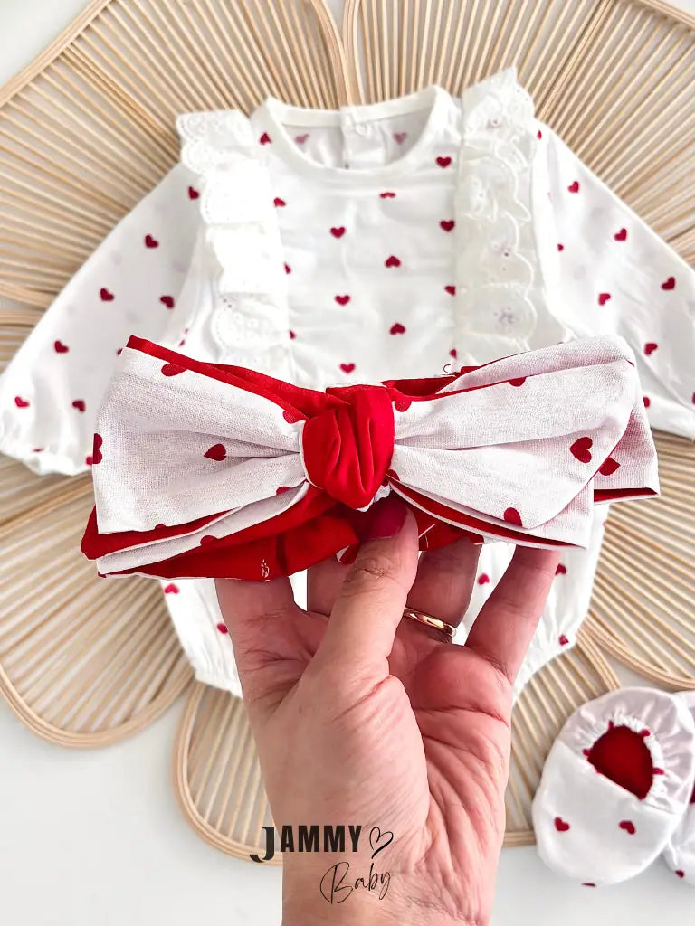 Liliya Heart Patterned Footed Bandana Poplin Romper Set - Ecru