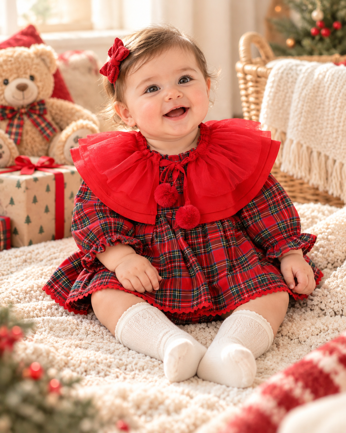 Christmas Ruffle Collar Tartan Romper Set – Red