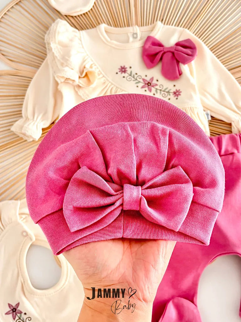 Sofia Floral Embroidered Ruffle Detail 5-Piece Newborn Set - ROSE PINK