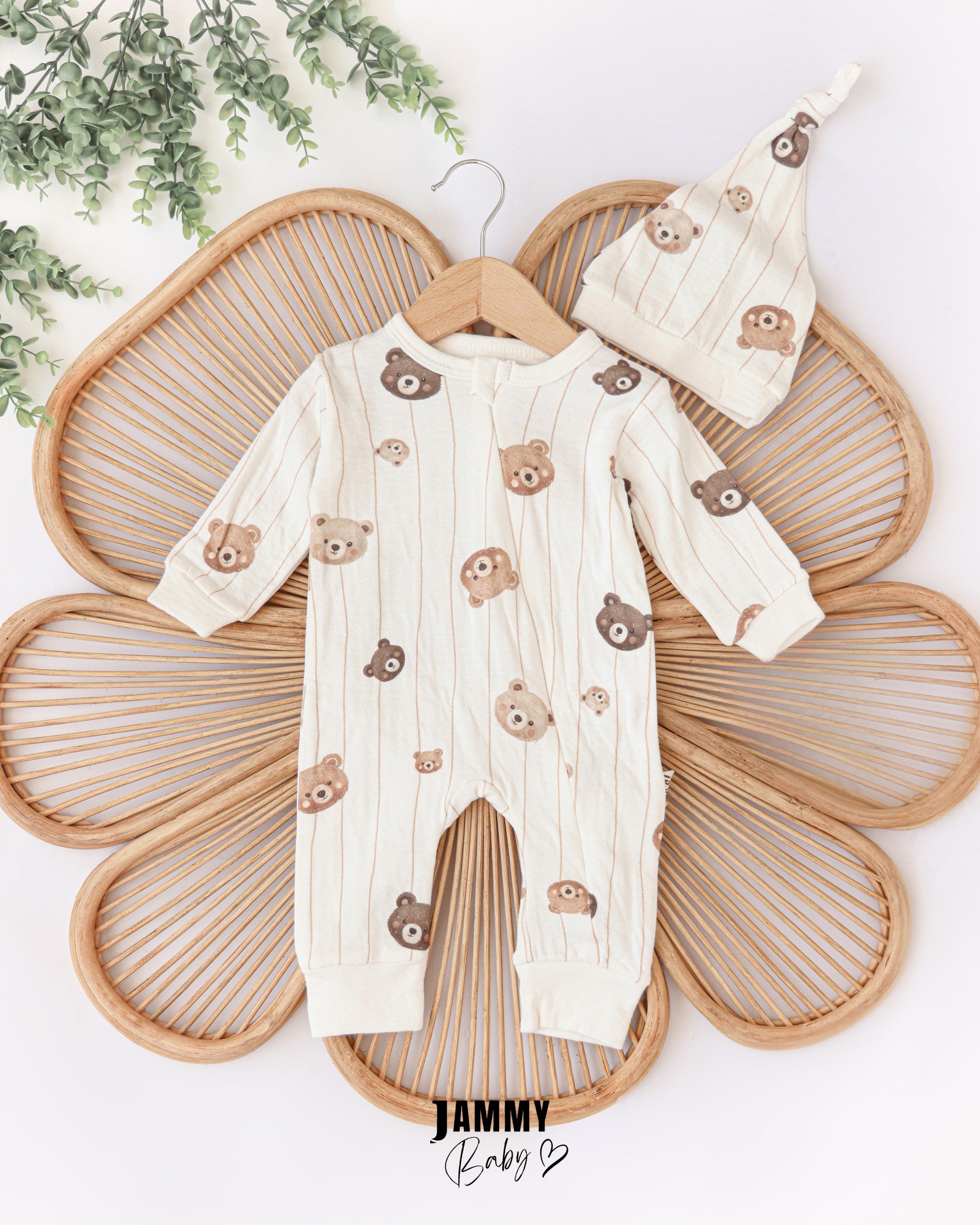 Bear Print Baby Romper & Hat Set – Cream