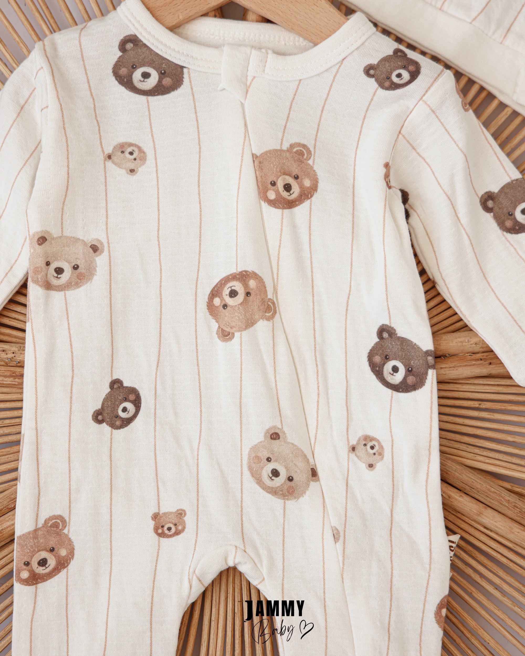 Bear Print Baby Romper & Hat Set – Cream