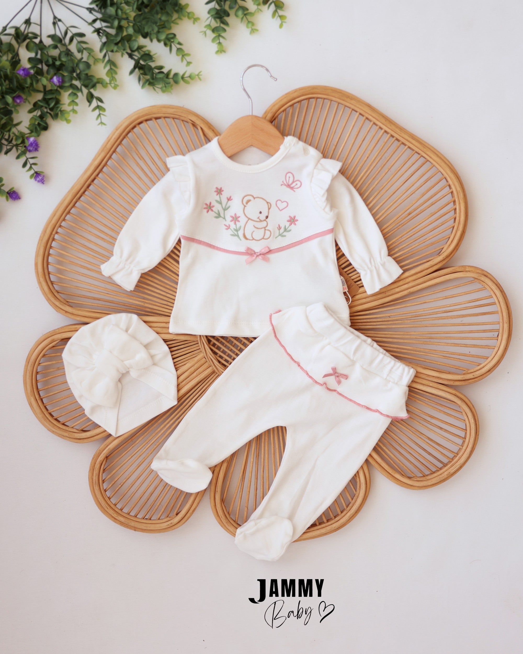Bear & Floral 3-Piece Baby Girl Set - White