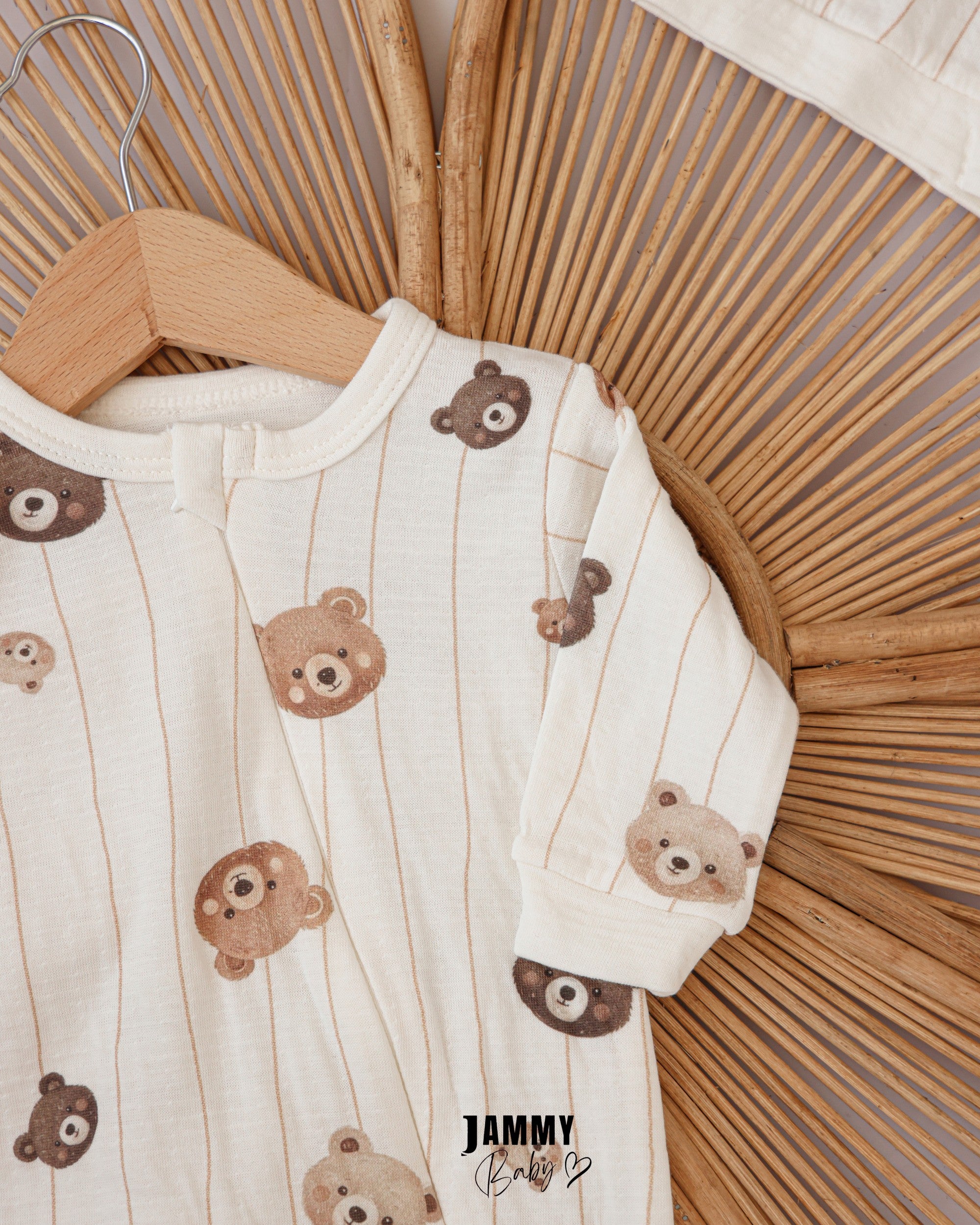 Bear Print Baby Romper & Hat Set – Cream