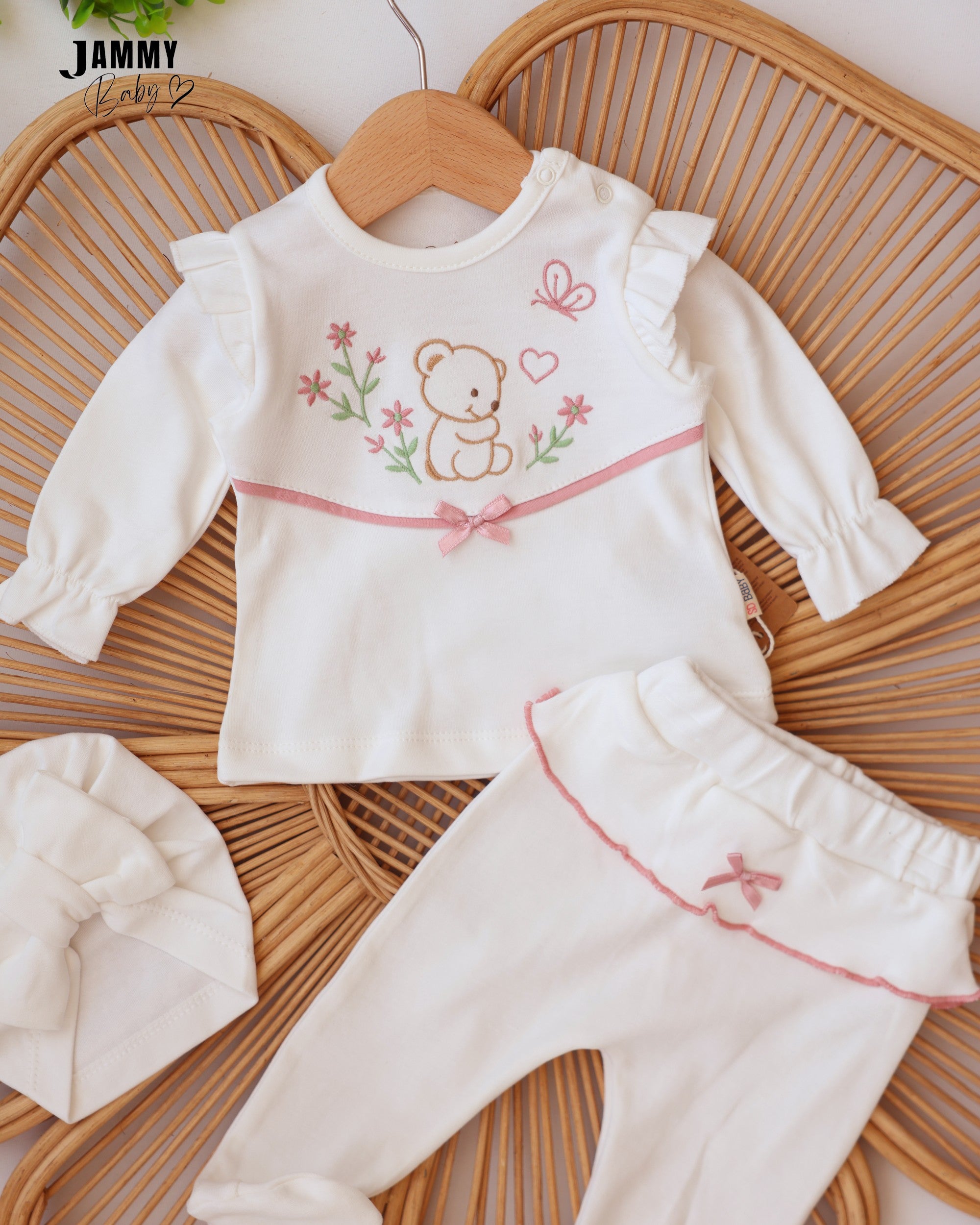 Bear & Floral 3-Piece Baby Girl Set - White