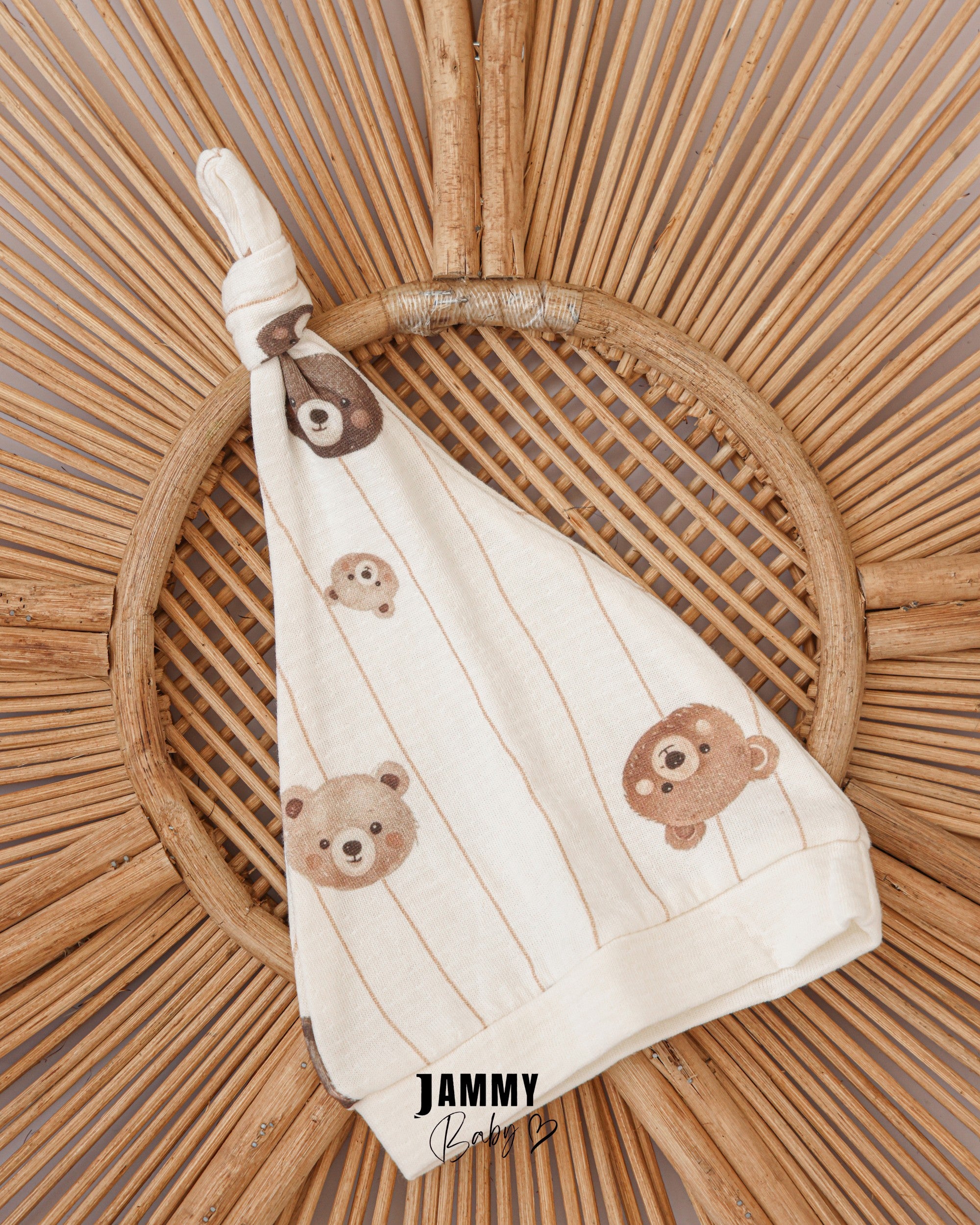 Bear Print Baby Romper & Hat Set – Cream