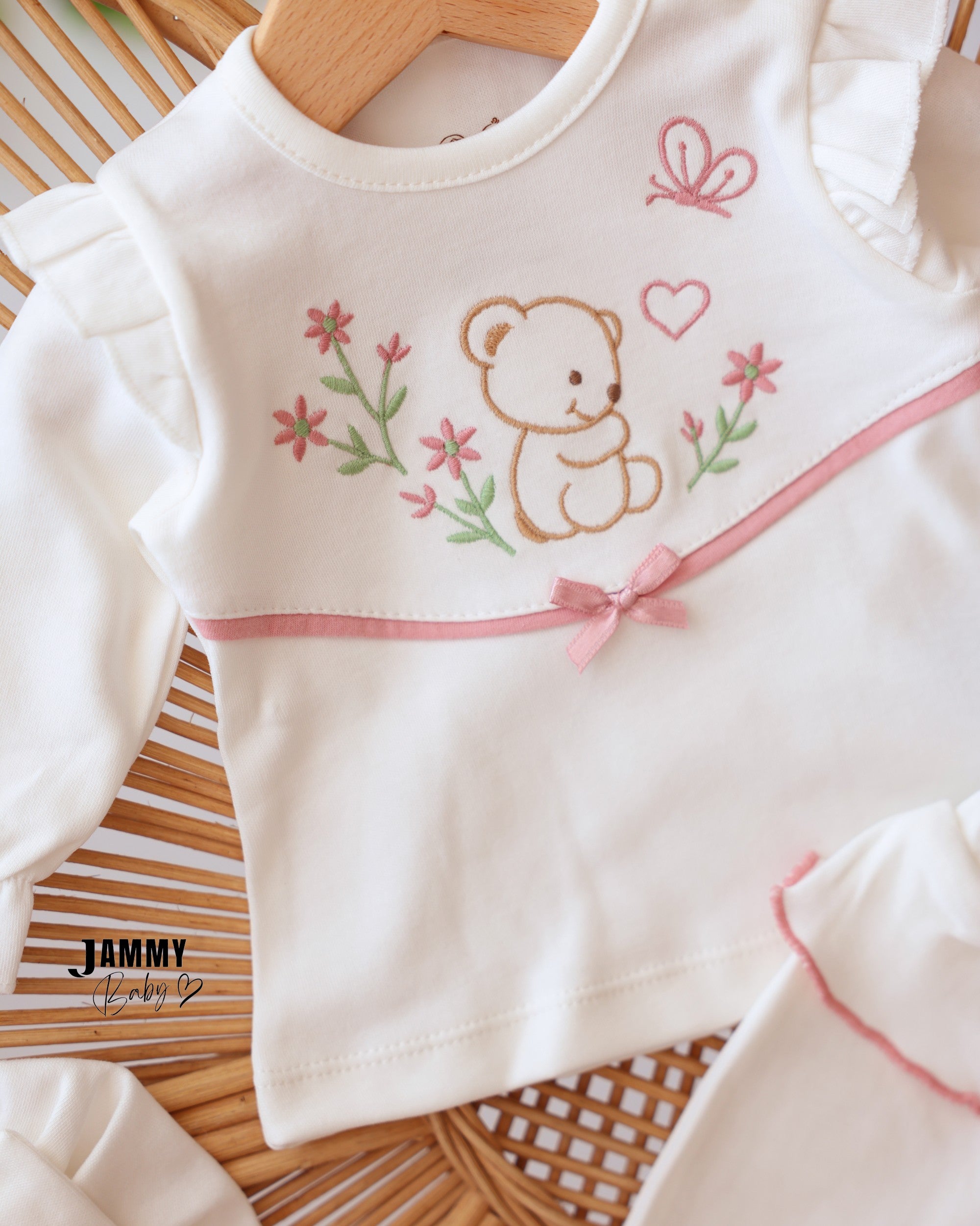 Bear & Floral 3-Piece Baby Girl Set - White