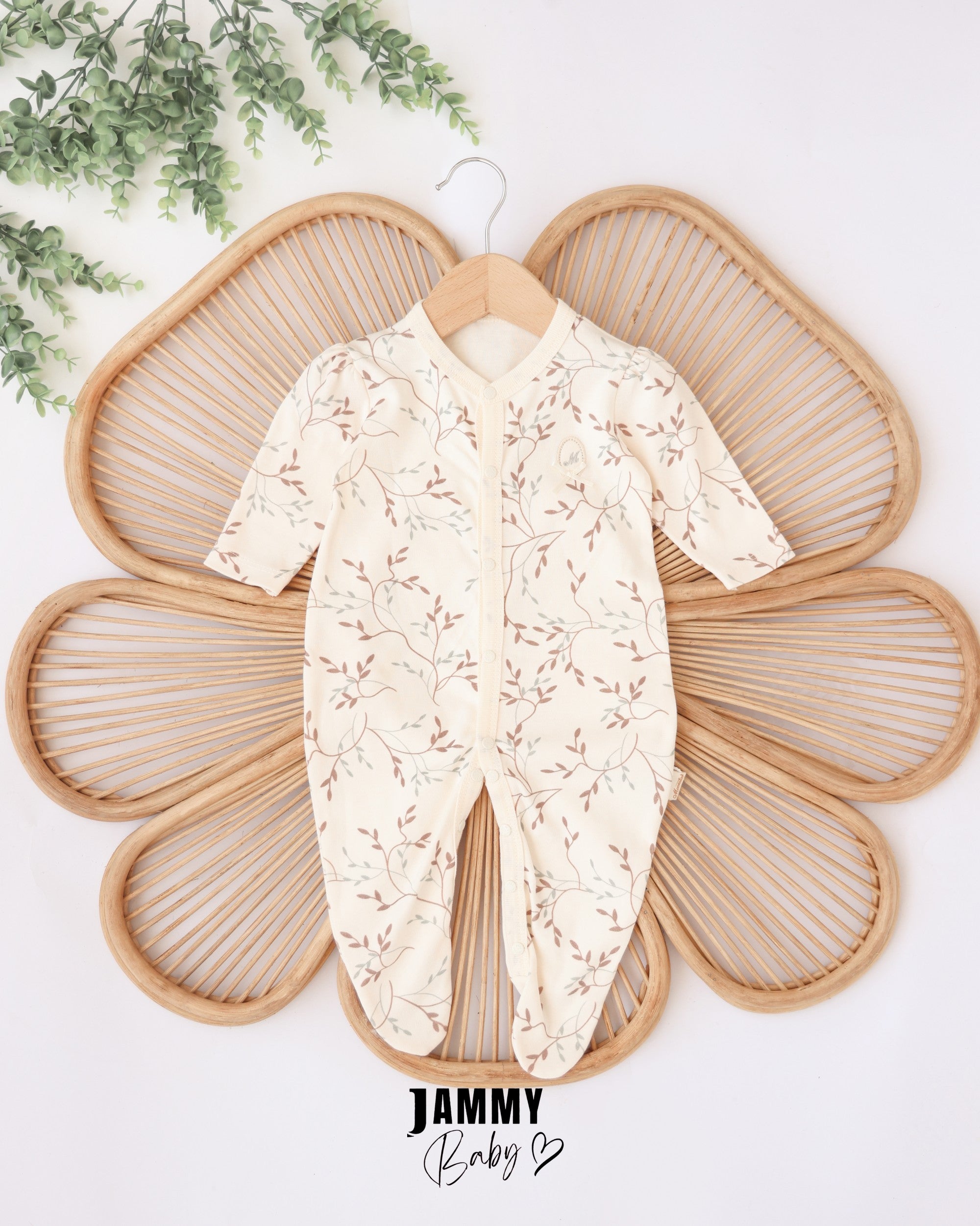Botanical Footed Baby Romper – Cream