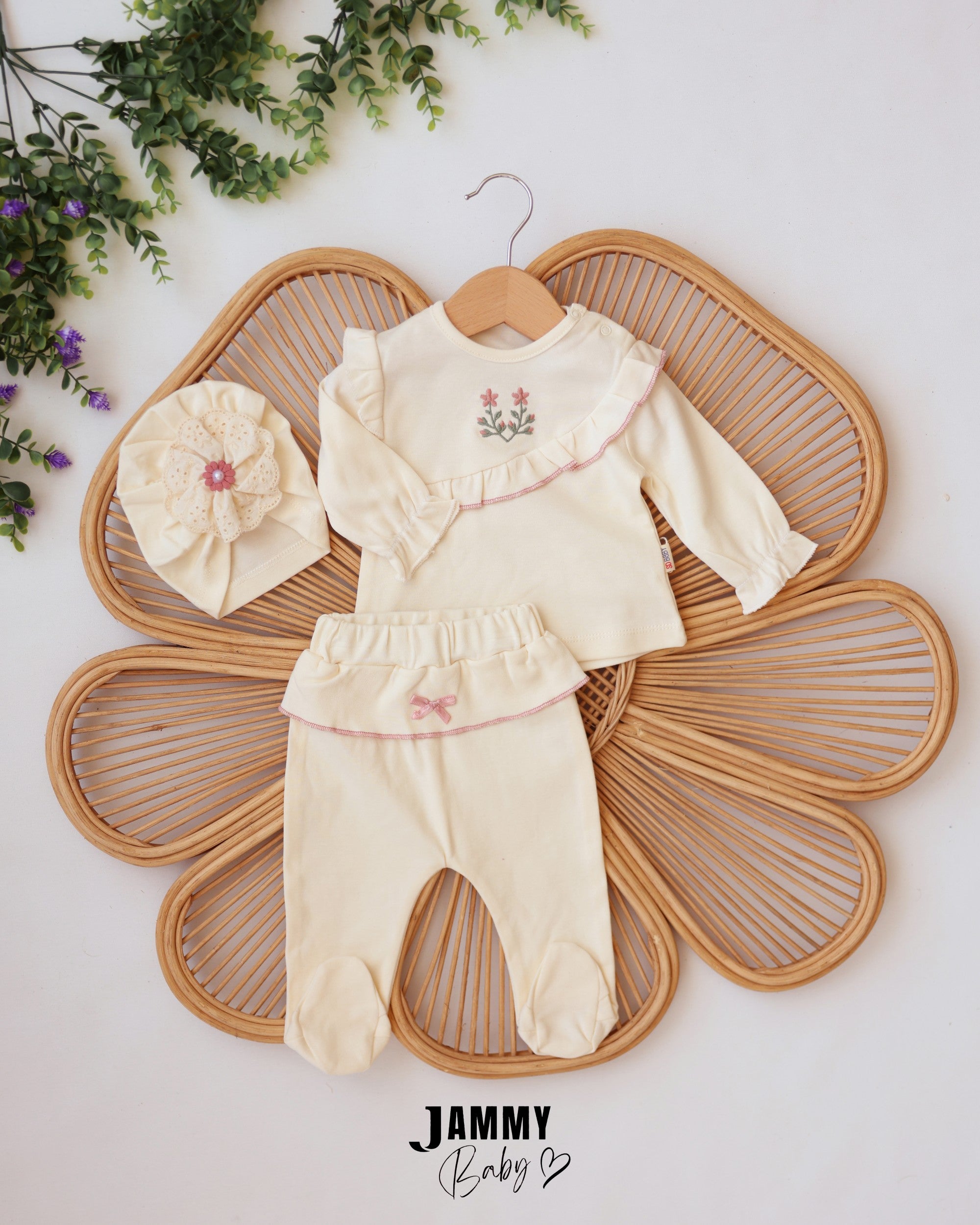 Floral Ruffle 3-Piece Baby Girl Set - Cream