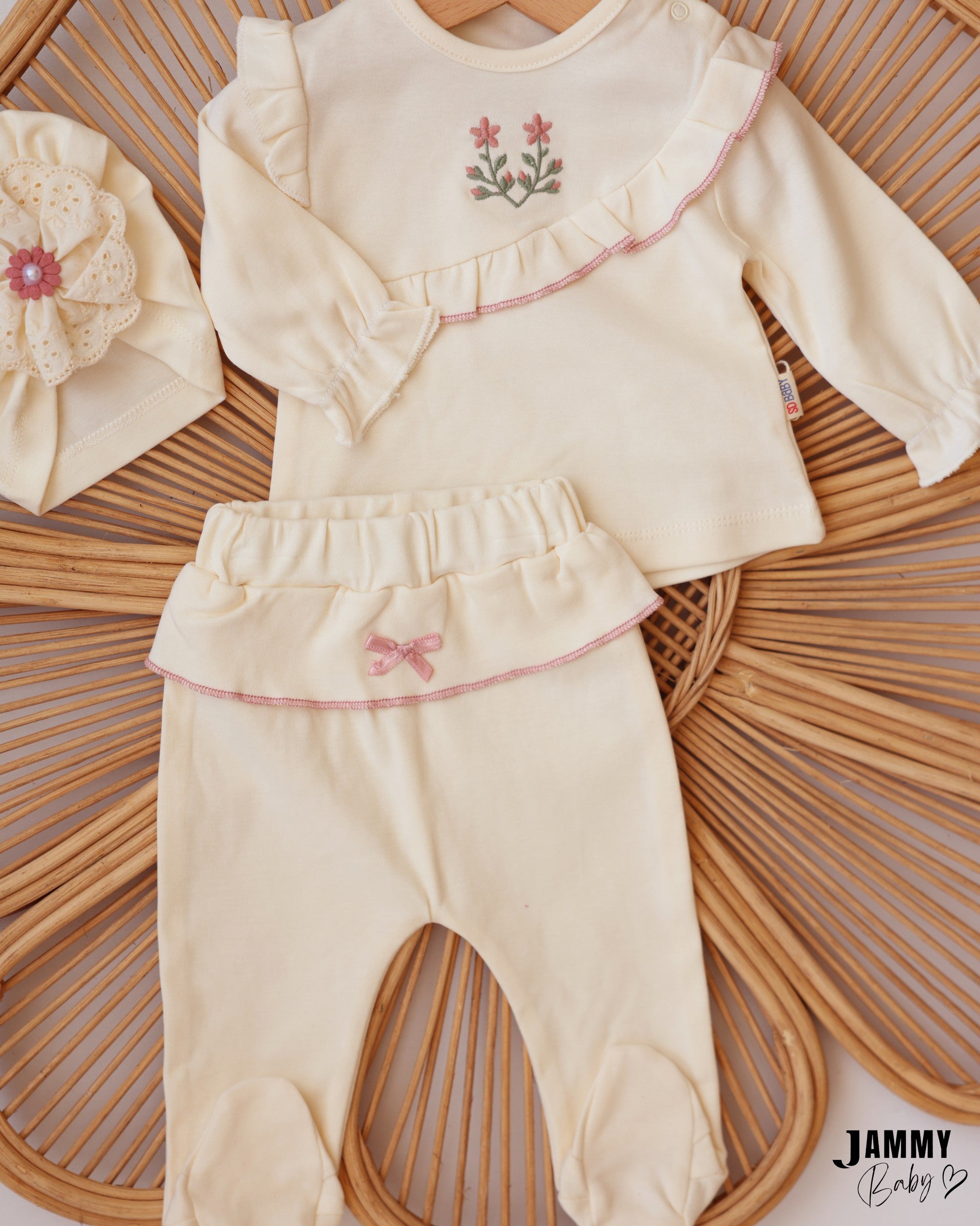 Floral Ruffle 3-Piece Baby Girl Set - Cream