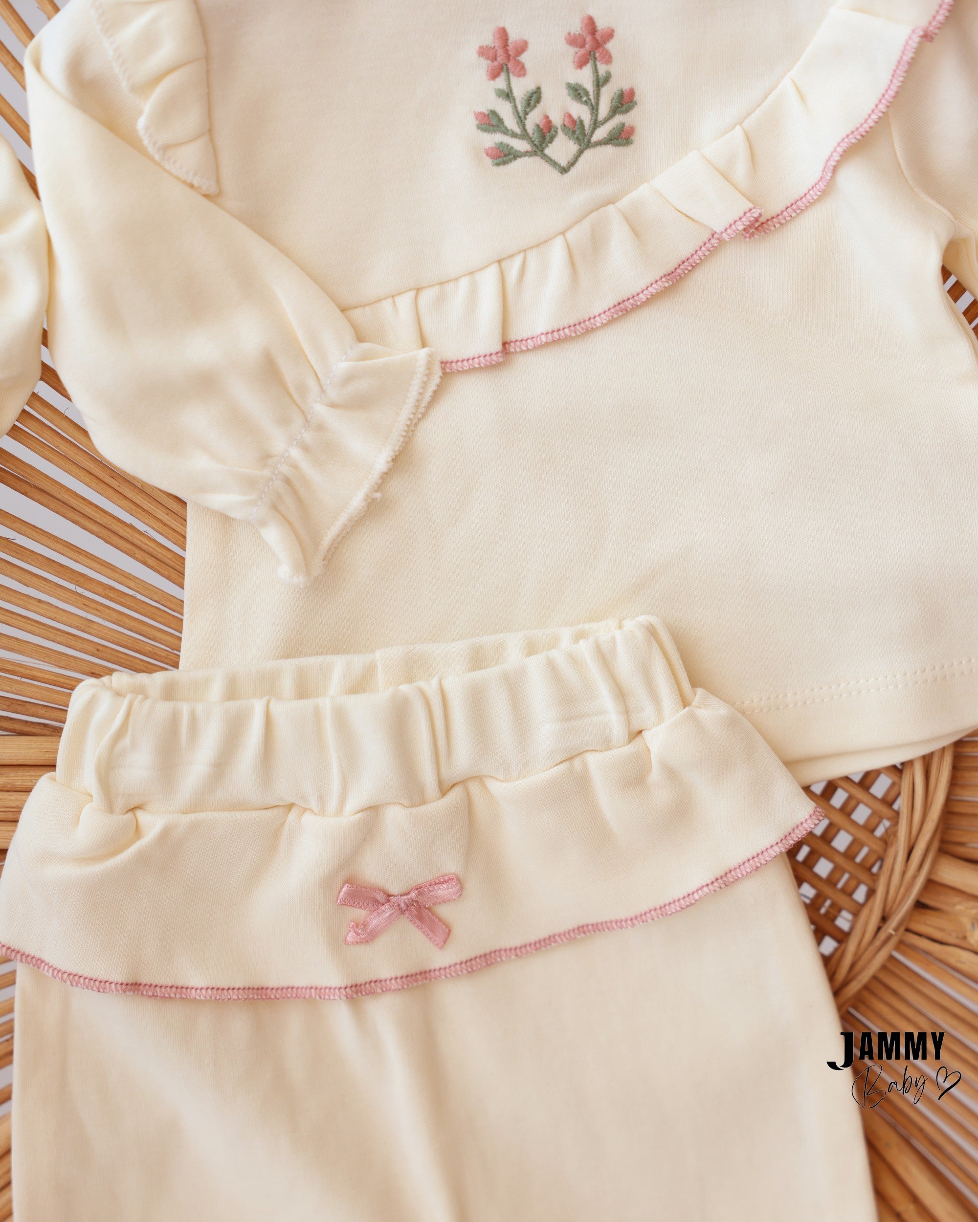 Floral Ruffle 3-Piece Baby Girl Set - Cream