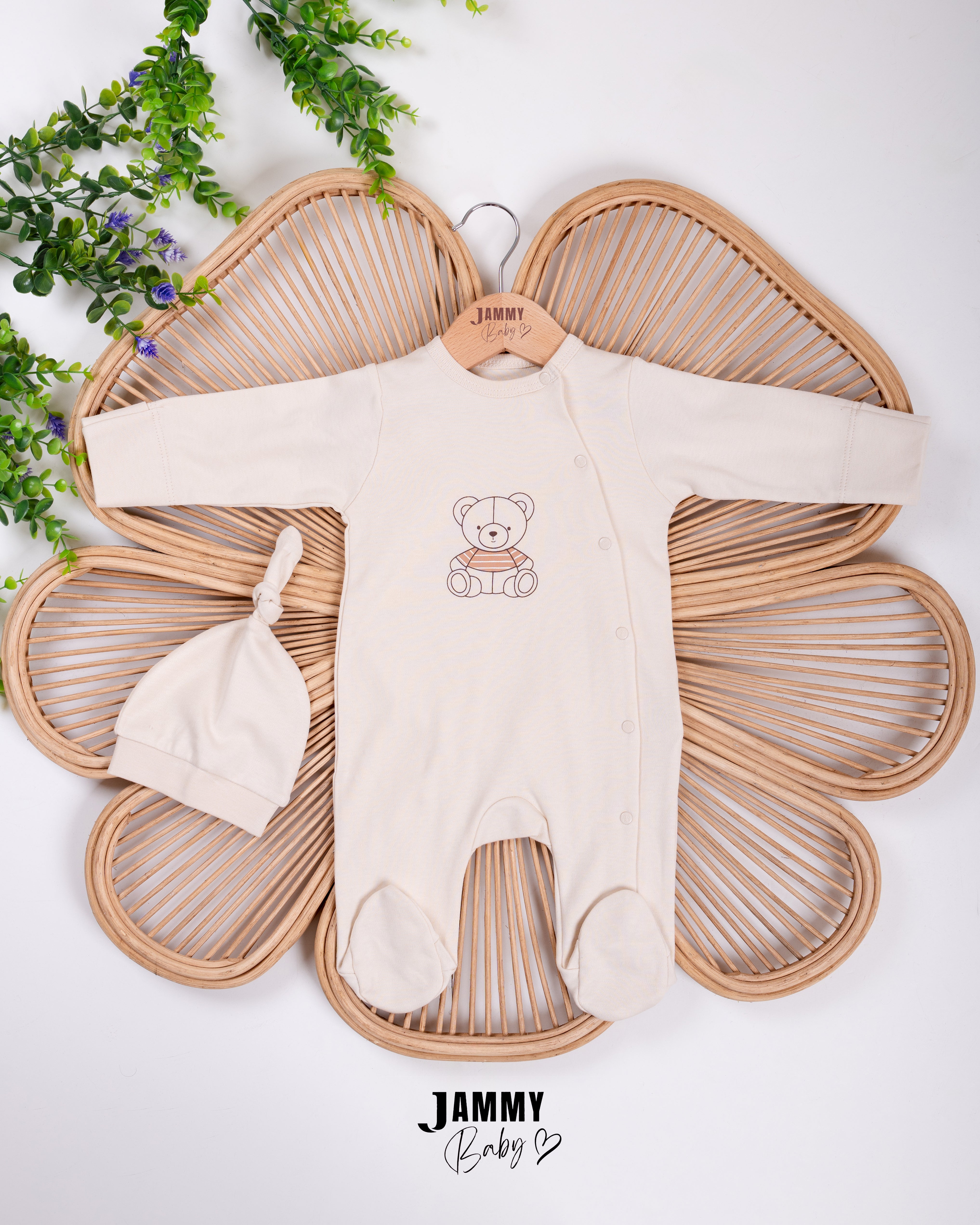 Teddy Bear Newborn Romper & Hat Set – Cream